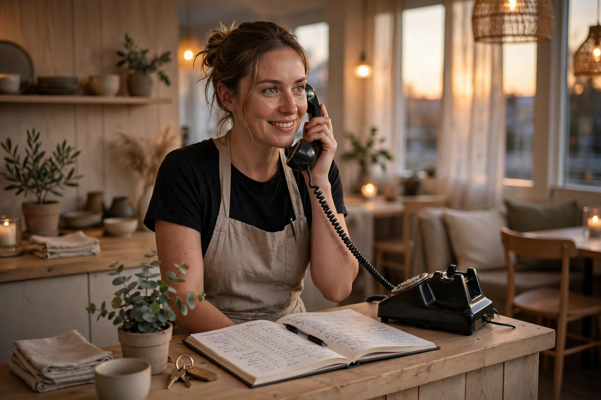 Restaurangpersonal som tar emot en bordsbokning per telefon med leende