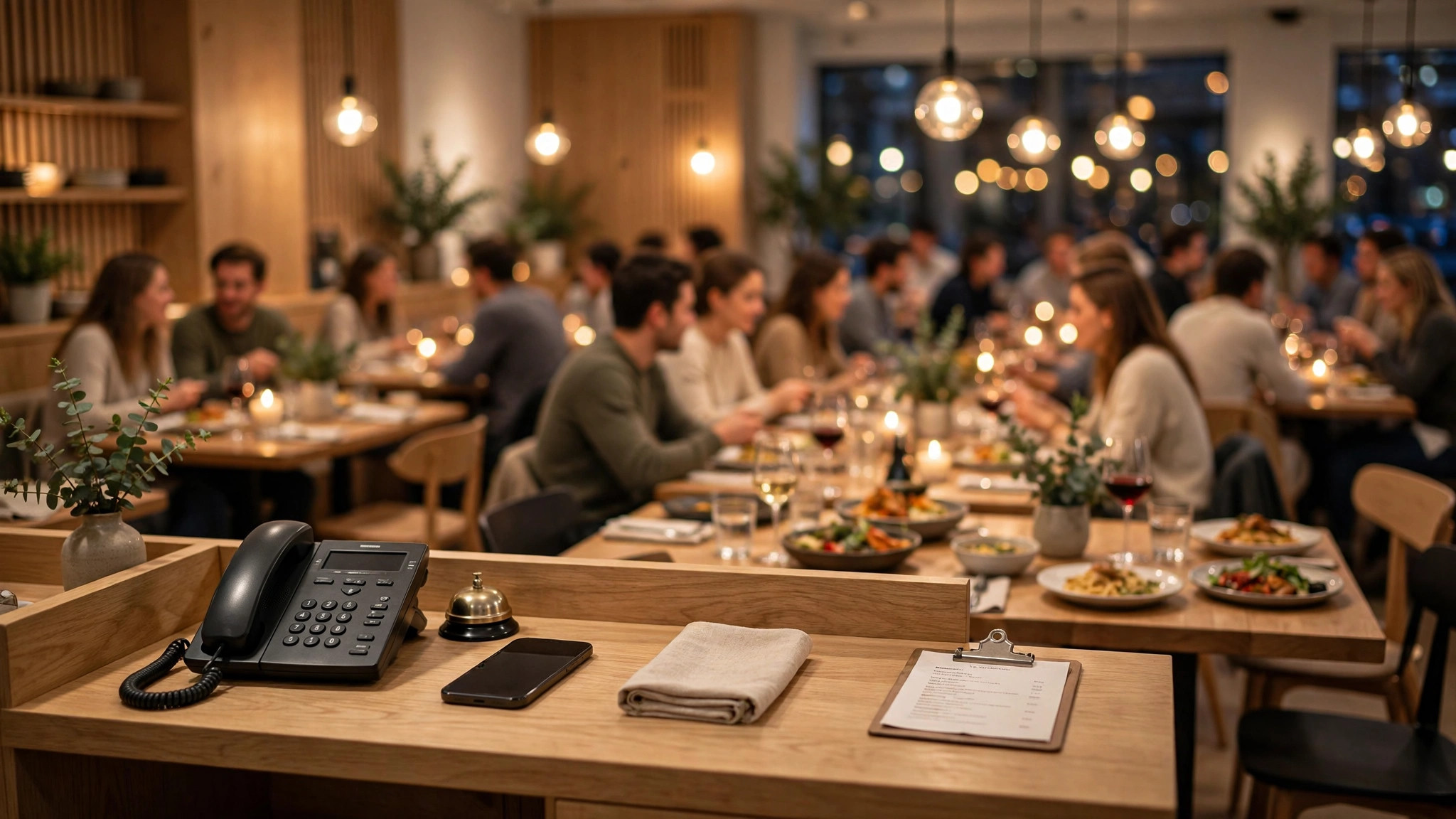 Restaurangens värdskap med både telefon och smarttelefon — valet mellan onlinebokning och telefon