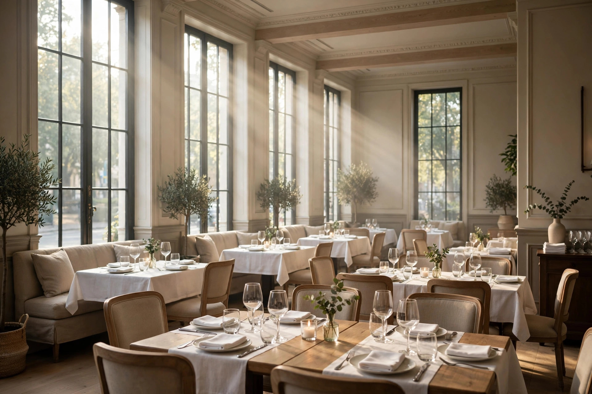 An empty, perfectly set restaurant dining room in soft morning daylight before the day's service
