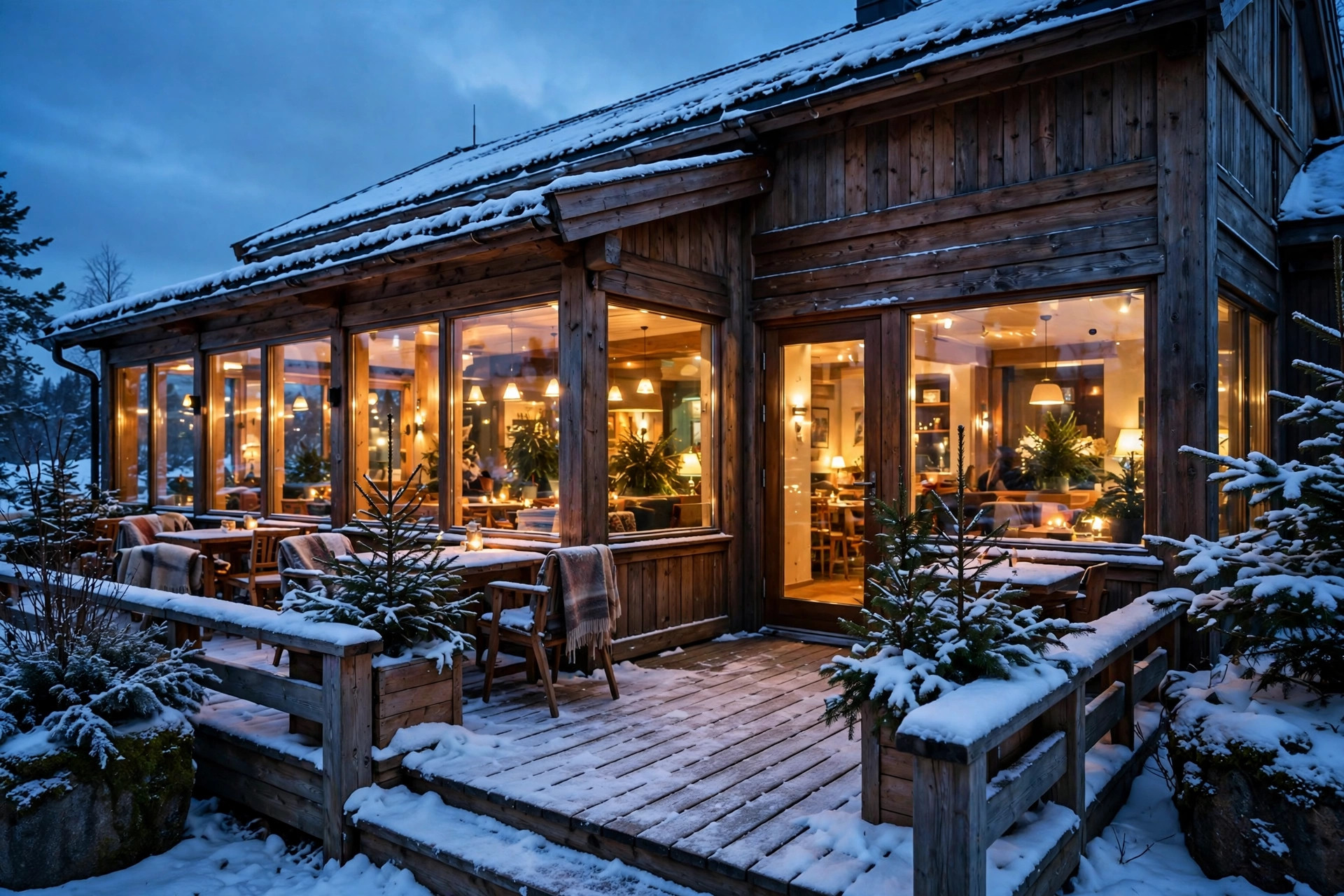 A cozy Nordic restaurant entrance glowing warm at dusk on a winter evening
