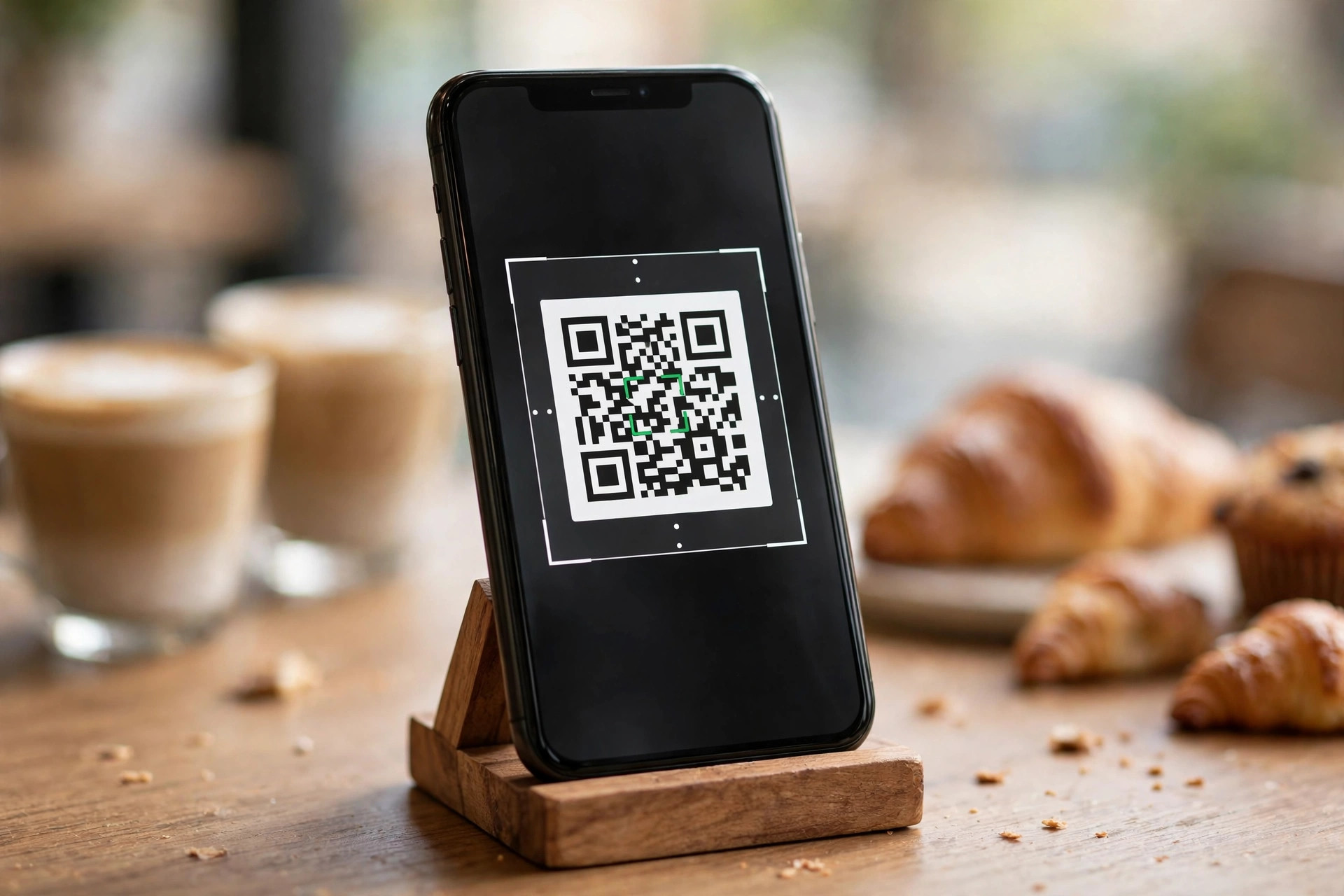 Smarttelefon med QR-kode til restaurantens digitale meny på et kafébord