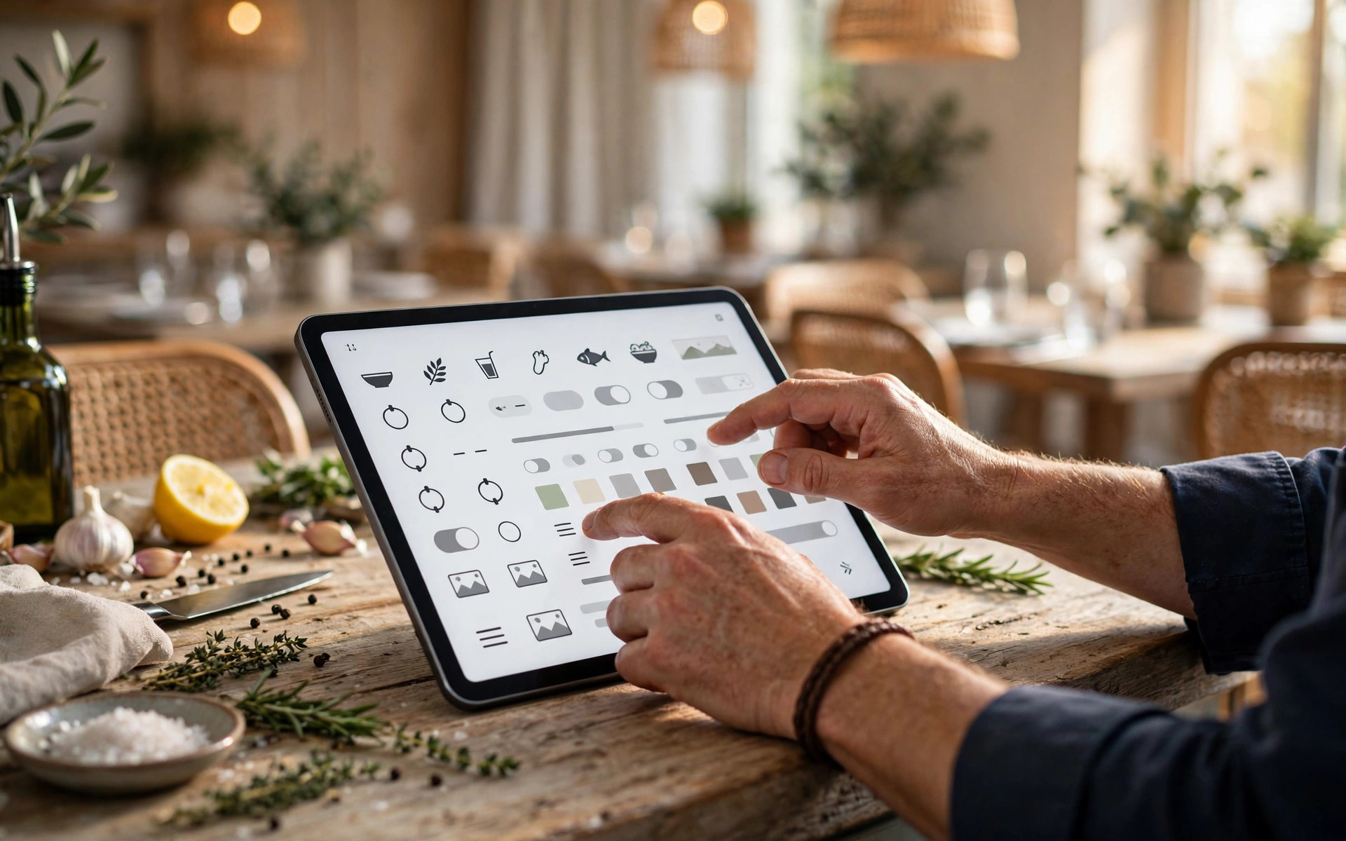 Kokkens hender redigerer en digital restaurantmeny på et nettbrett ved kjøkkenbenken