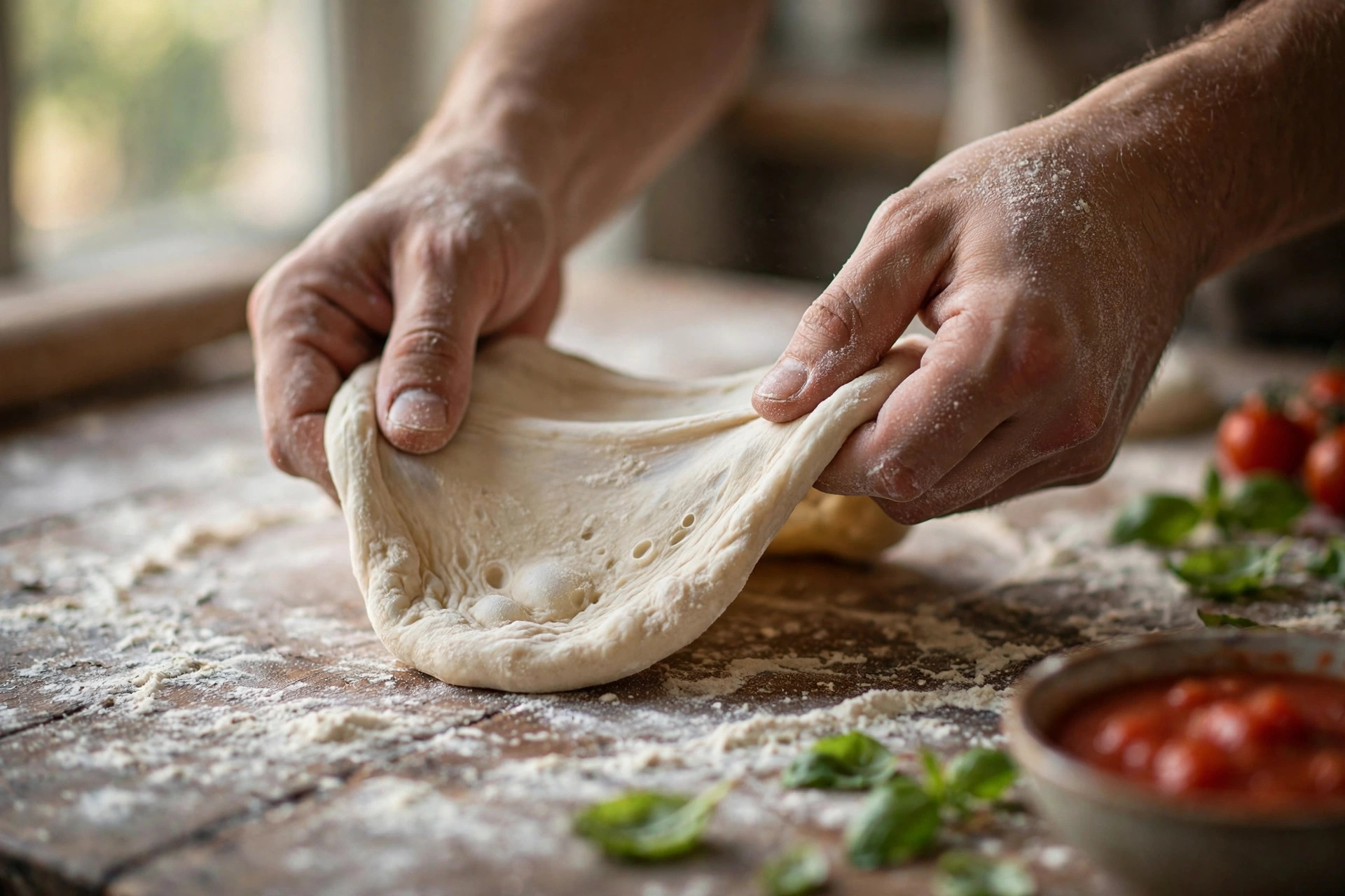 Hands stretching fresh pizza dough on a flour-dusted wooden workbench with tomato sauce and basil nearby