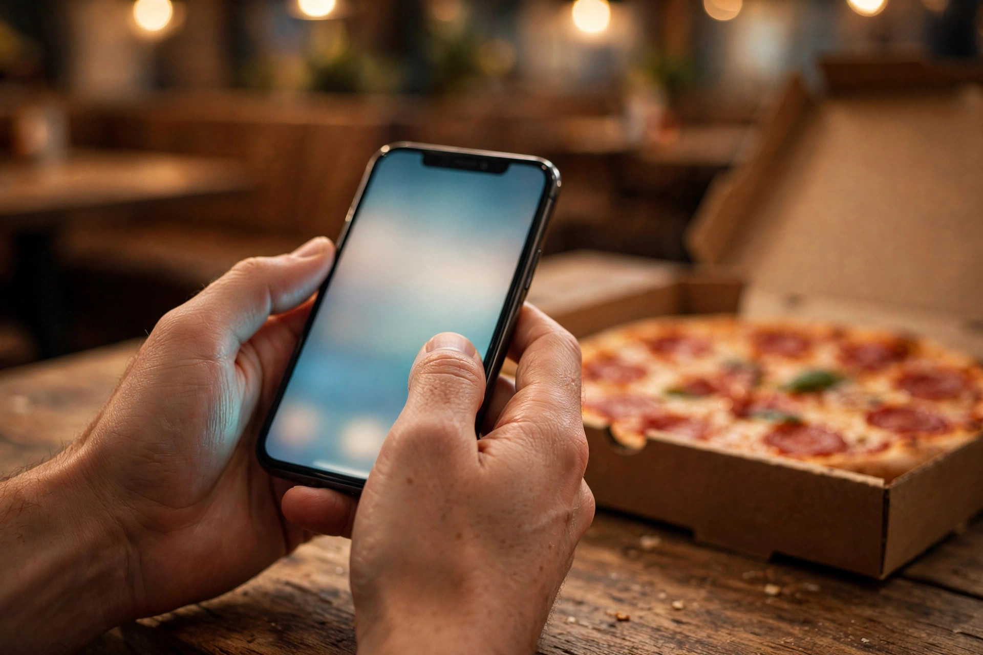 Asiakas tilaa pizzaa älypuhelimella pizzerian pöydässä, pizzalaatikko vieressä