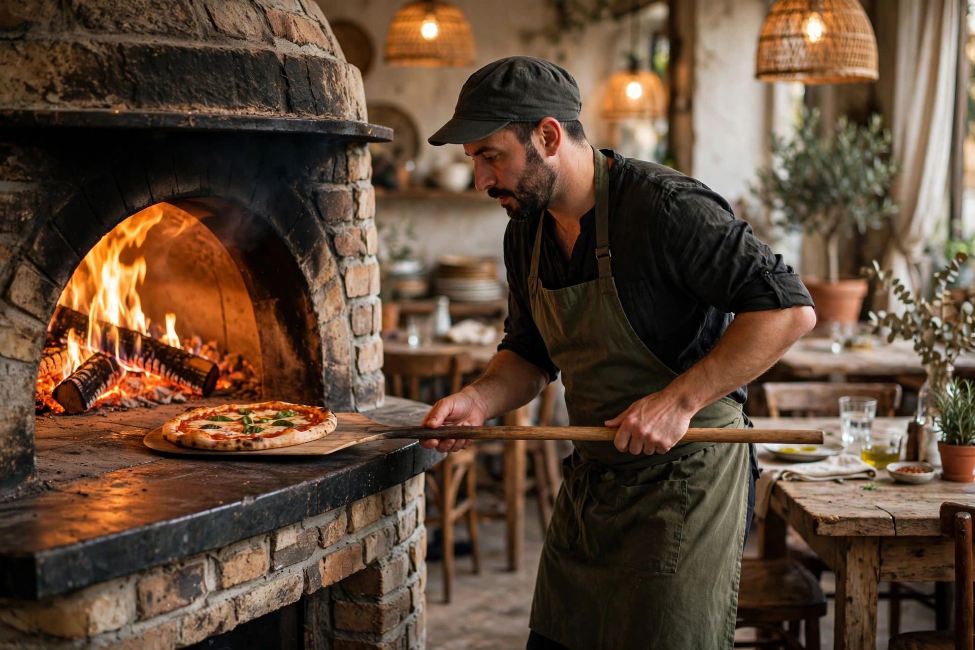 Pizzaiolo liu'uttaa margherita-pizzaa puu-uuniin tunnelmallisessa pizzeriassa