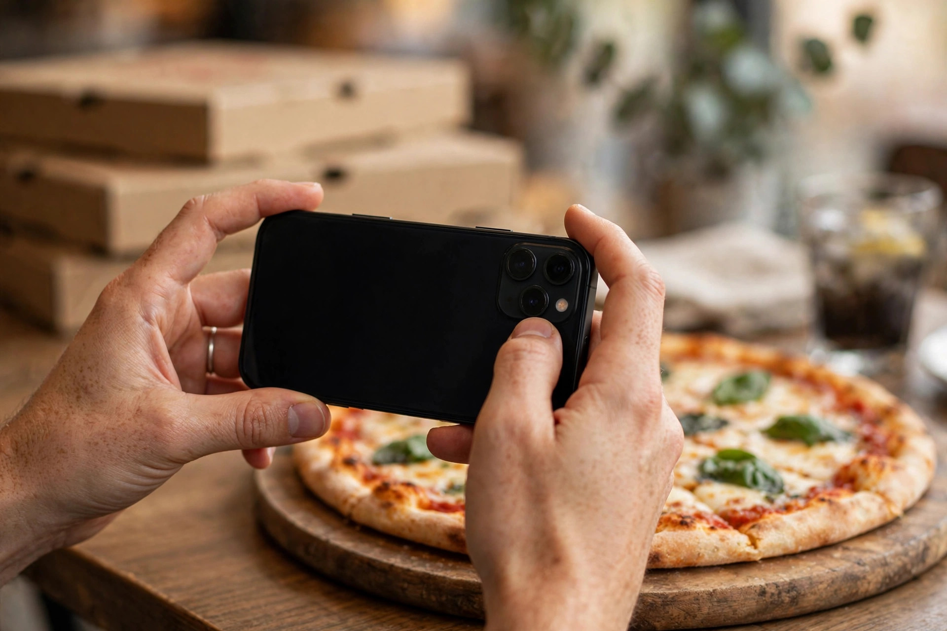 Gäst fotograferar en nylagad pizza med mobiltelefonen — mobilen är där beställningen börjar