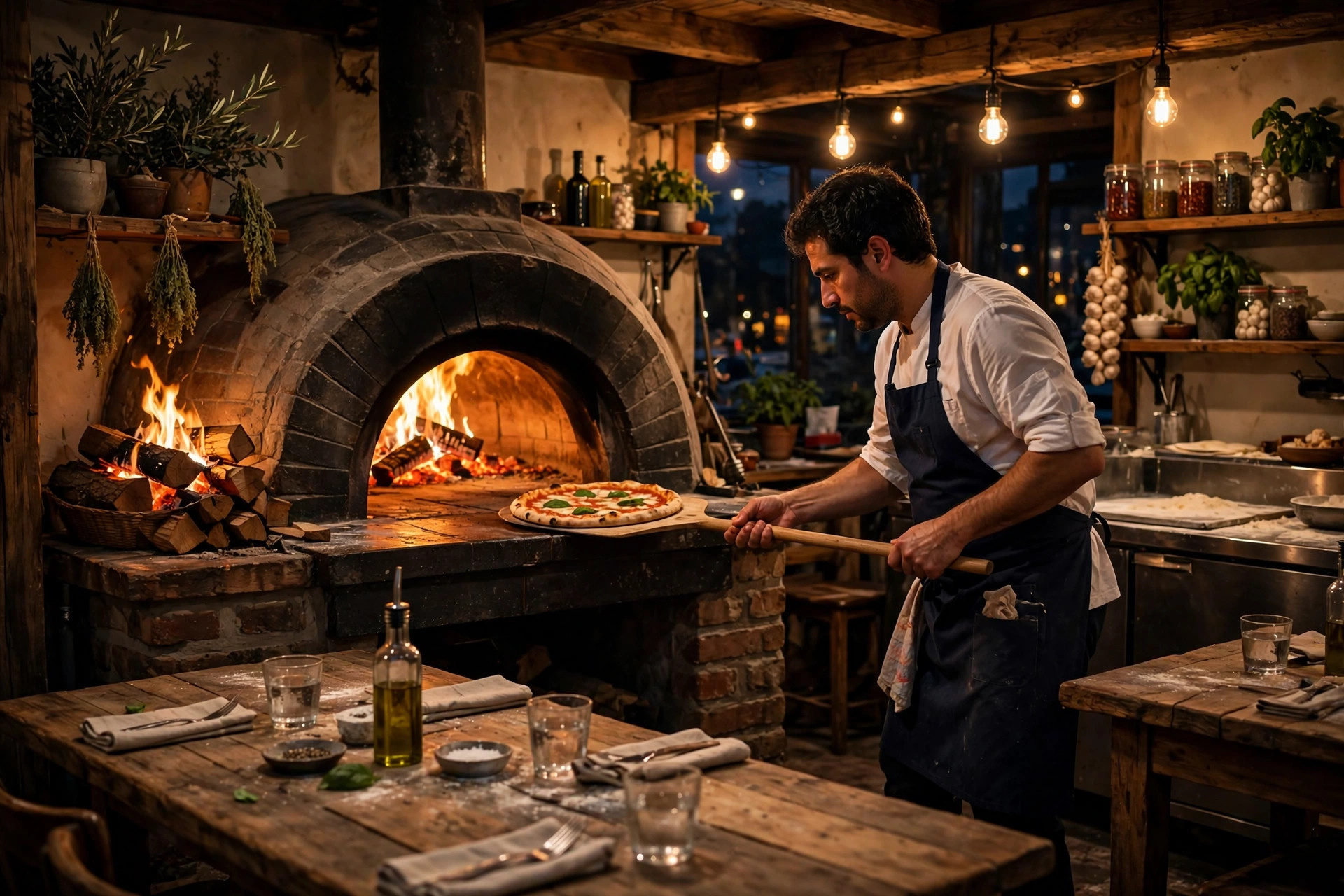 Pizzabagare skjuter in en margherita i en vedeldad stenugn i en rustik pizzeria