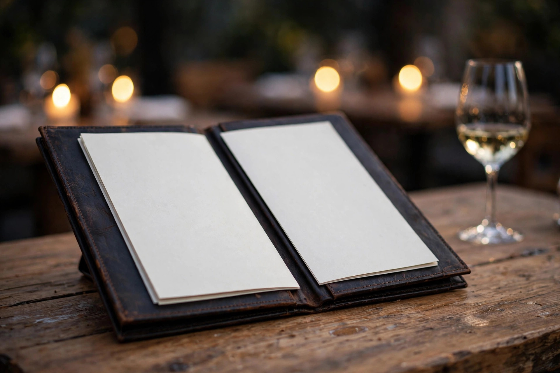 Elegant menykart i skinnmappe på et restaurantbord i levende lys