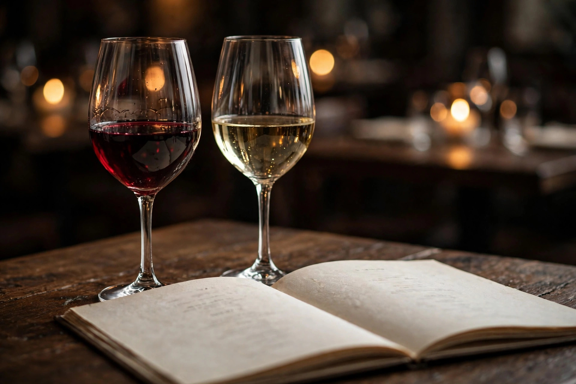 Red and white wine glasses beside an open drinks menu on a restaurant table