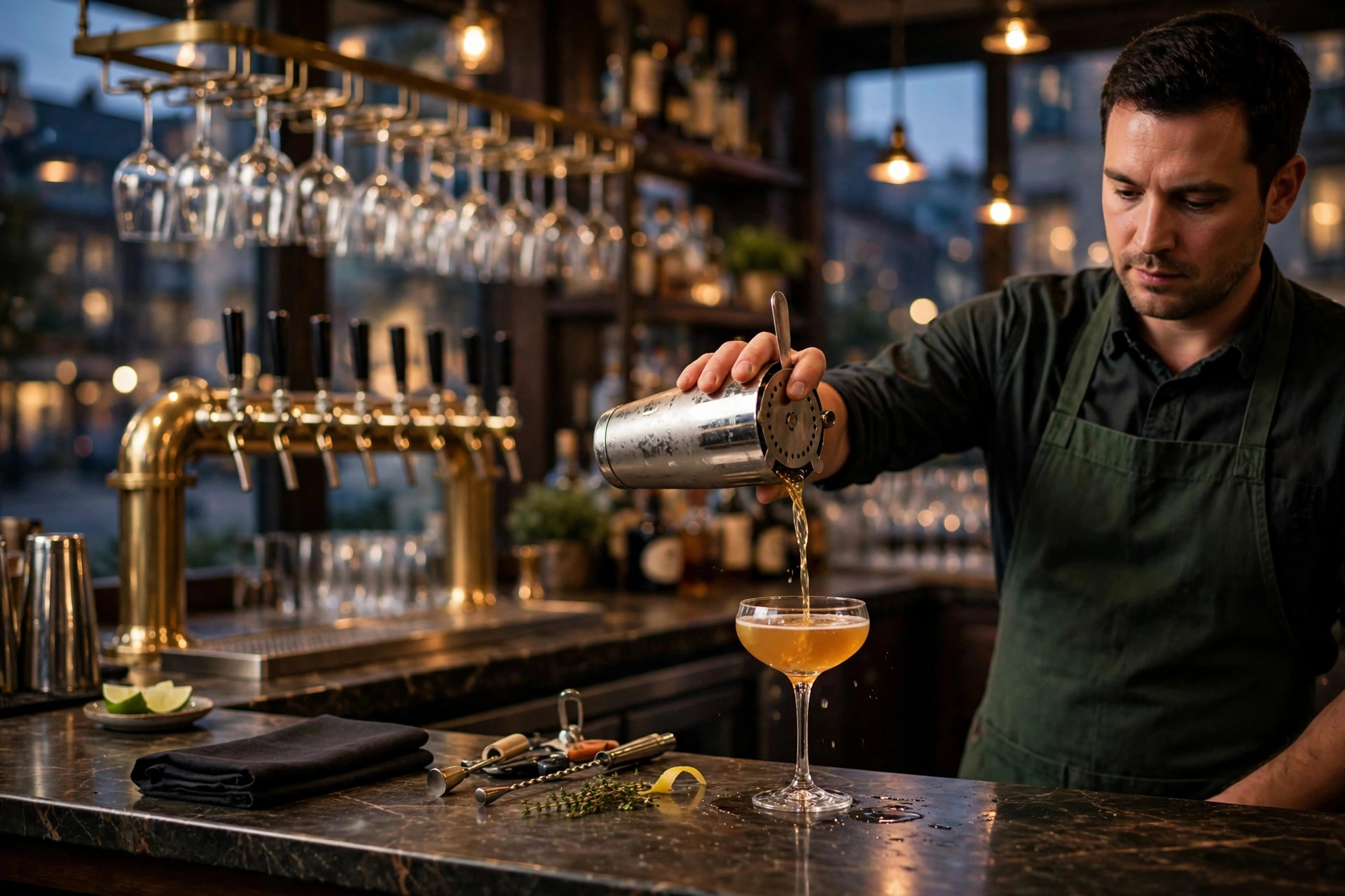 Bartender pouring a cocktail behind an elegant restaurant bar with beer taps and rows of wine glasses