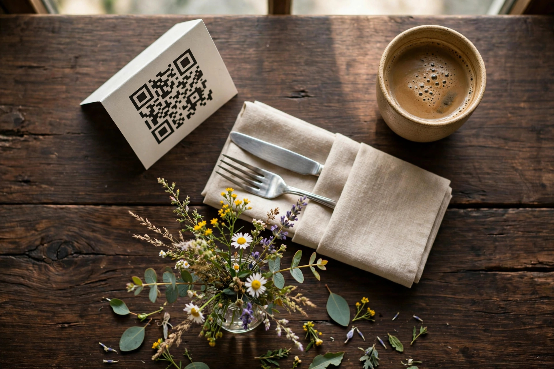 Overhead view of a styled restaurant table with a QR code tent card, coffee and cutlery