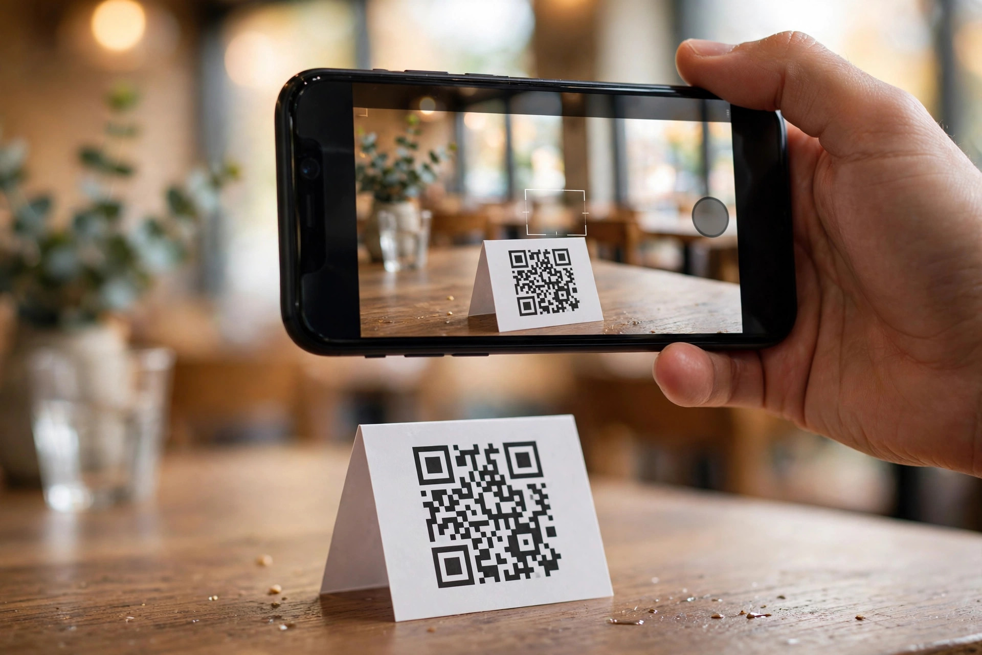 A guest scanning a QR code on a restaurant table tent with a smartphone