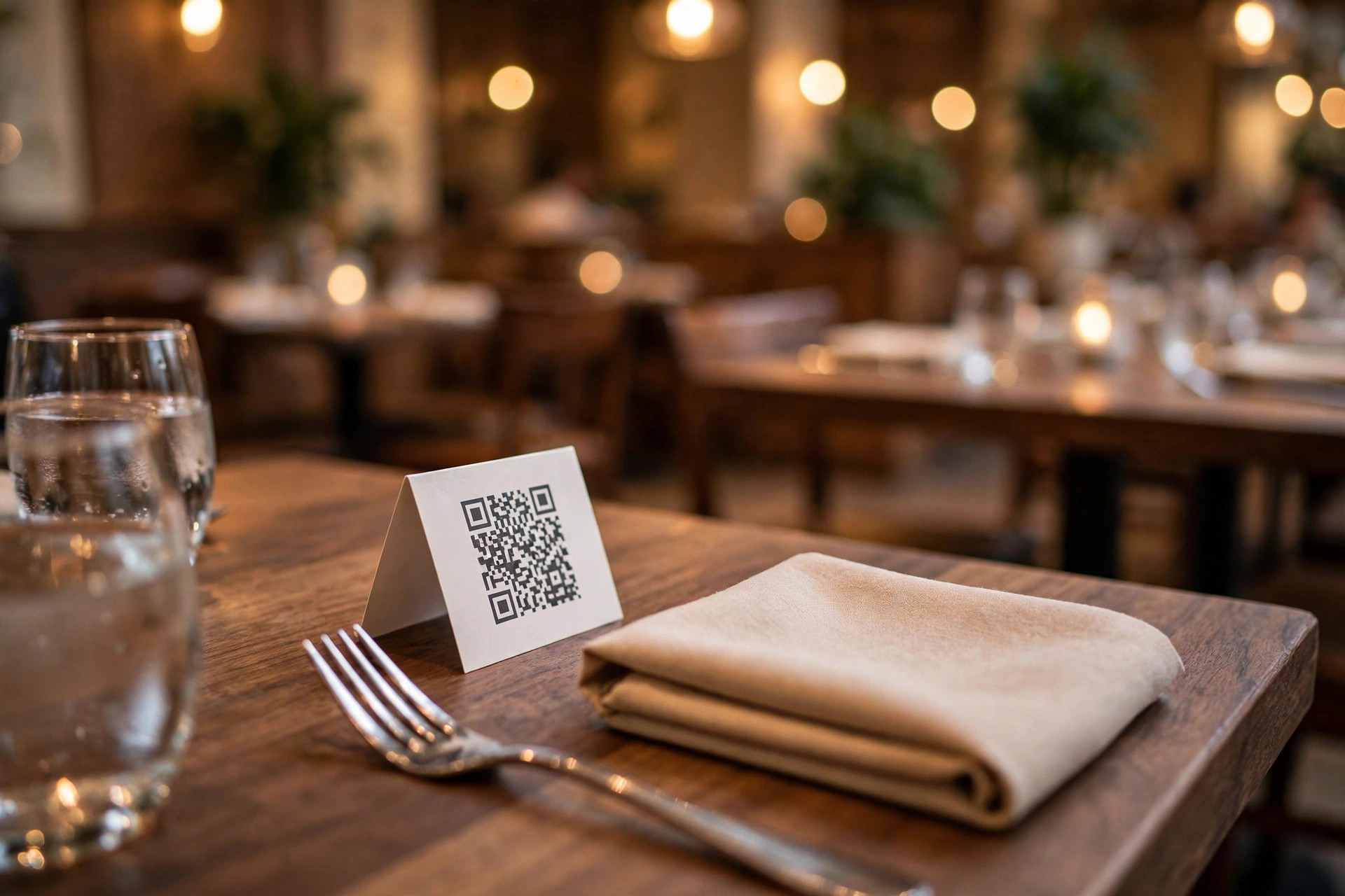 Elegant bordkort med QR-kode på et restaurantbord – klar til at gjestene skanner menyen