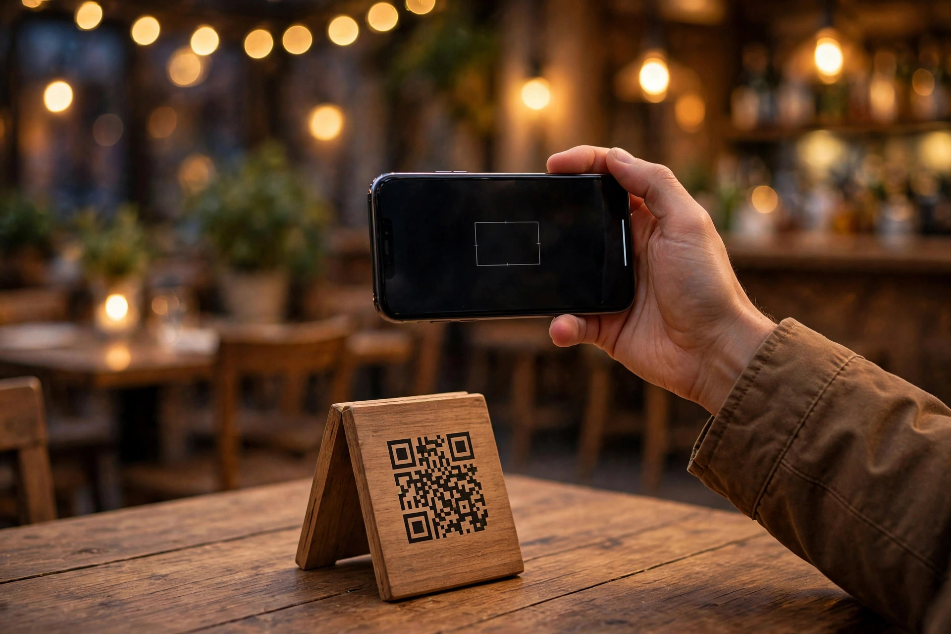 Gjest skanner en QR-kode på bordet med mobiltelefonen for å åpne restaurantens digitale meny