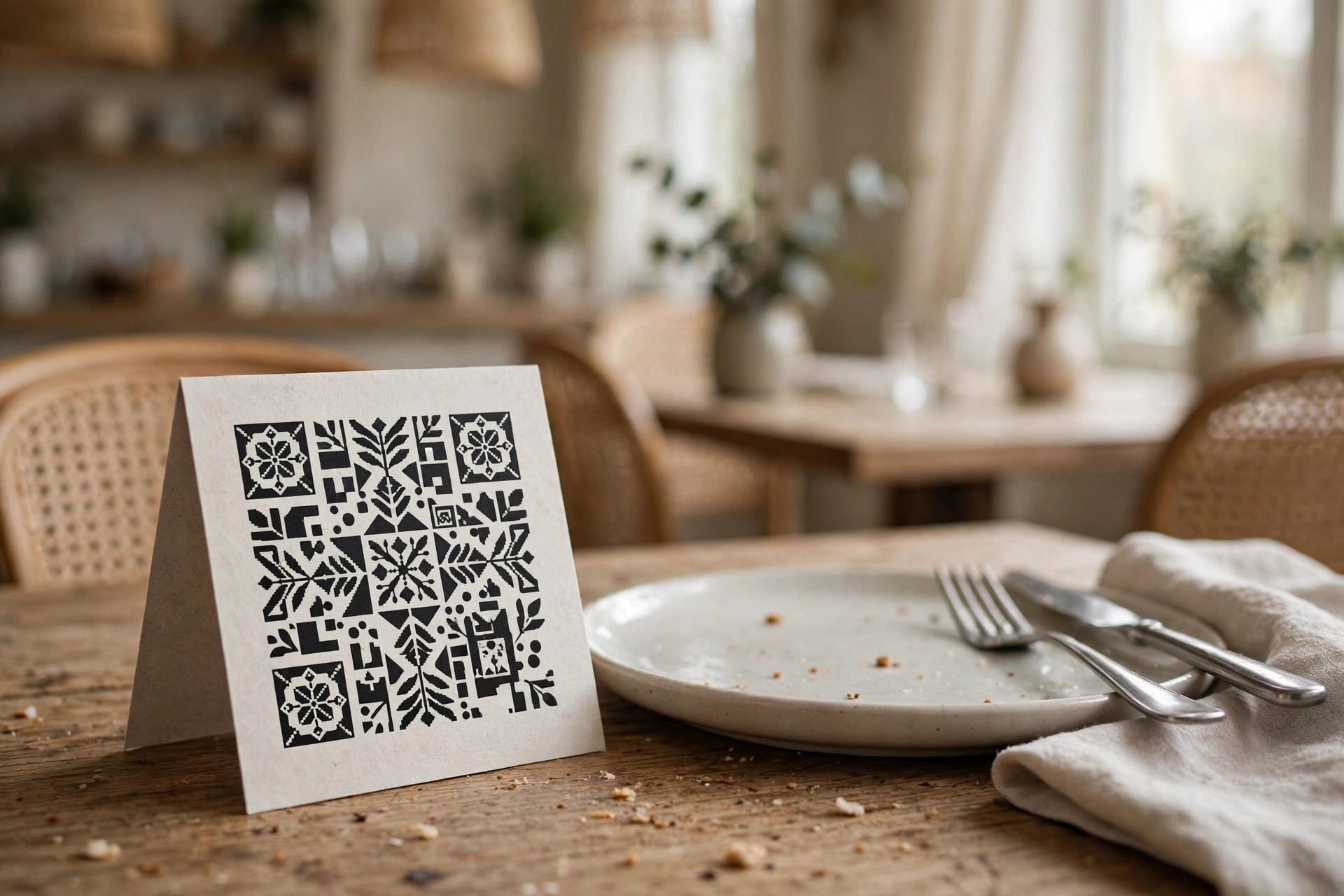 Bordskort med QR-kod till restaurangens meny på ett dukat bord
