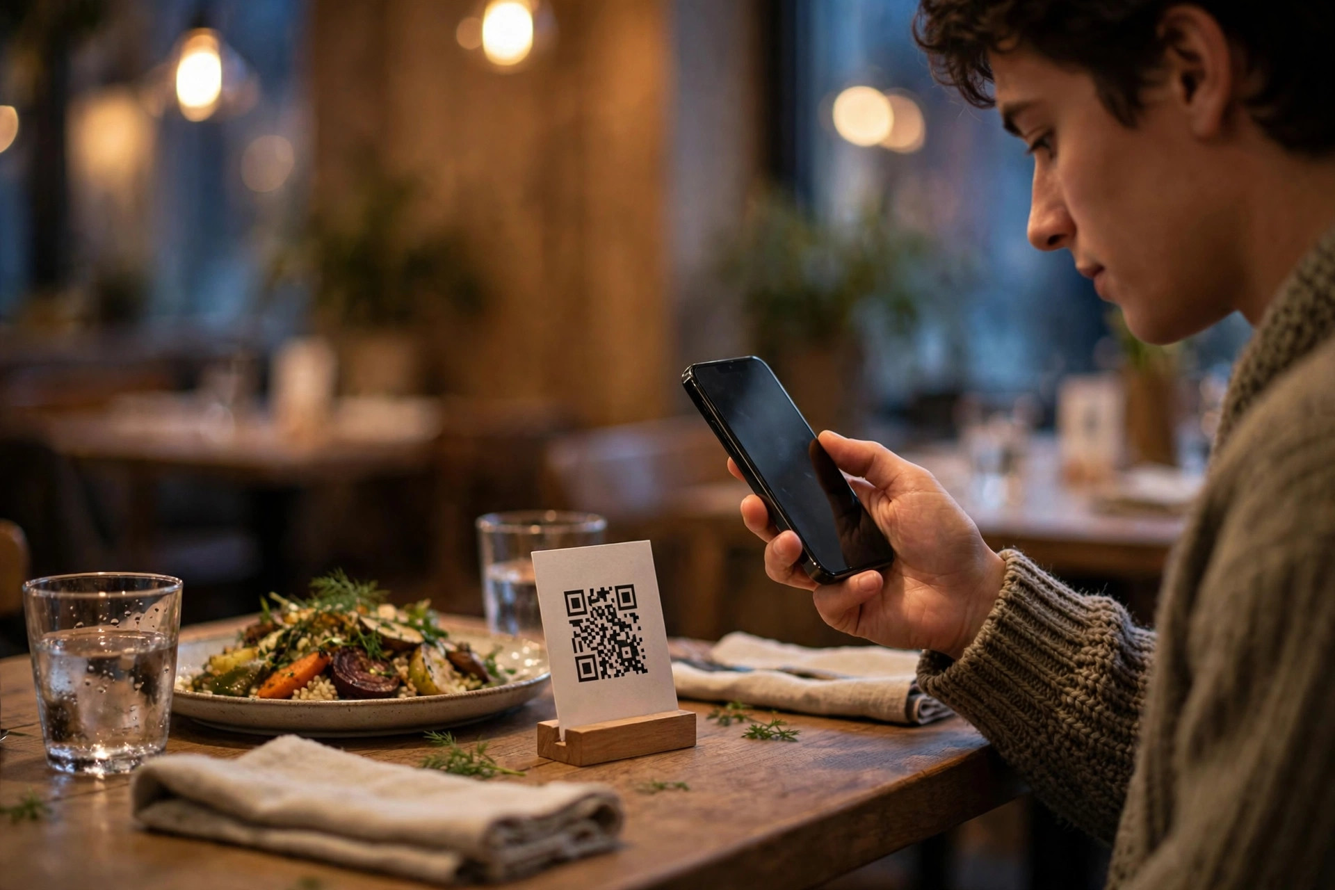 Gäst på restaurang som skannar QR-kod till menyn med mobilen vid bordet