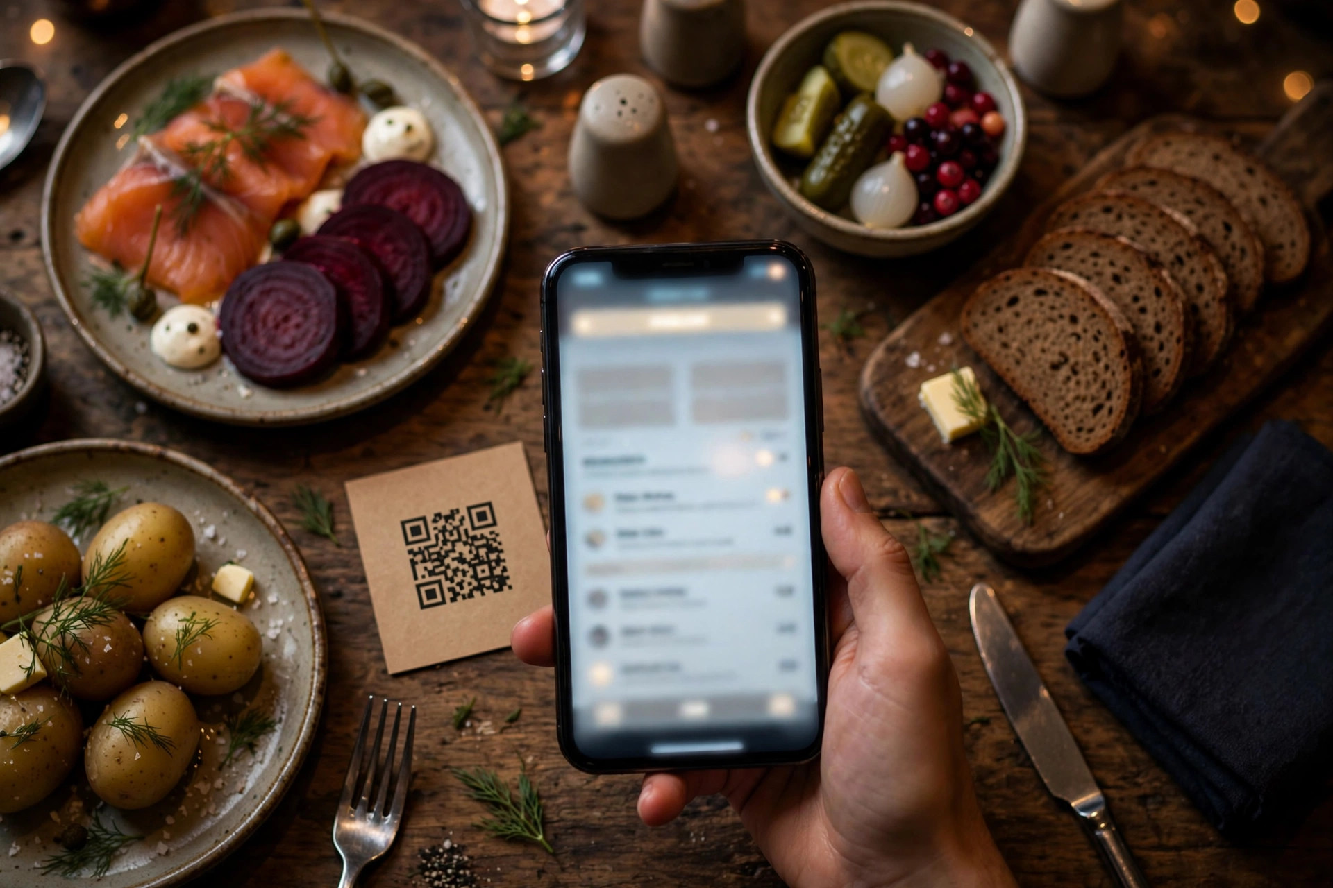 Vieras skannaa QR-ruokalistaa älypuhelimella ravintolapöydässä, jossa on pohjoismaisia annoksia