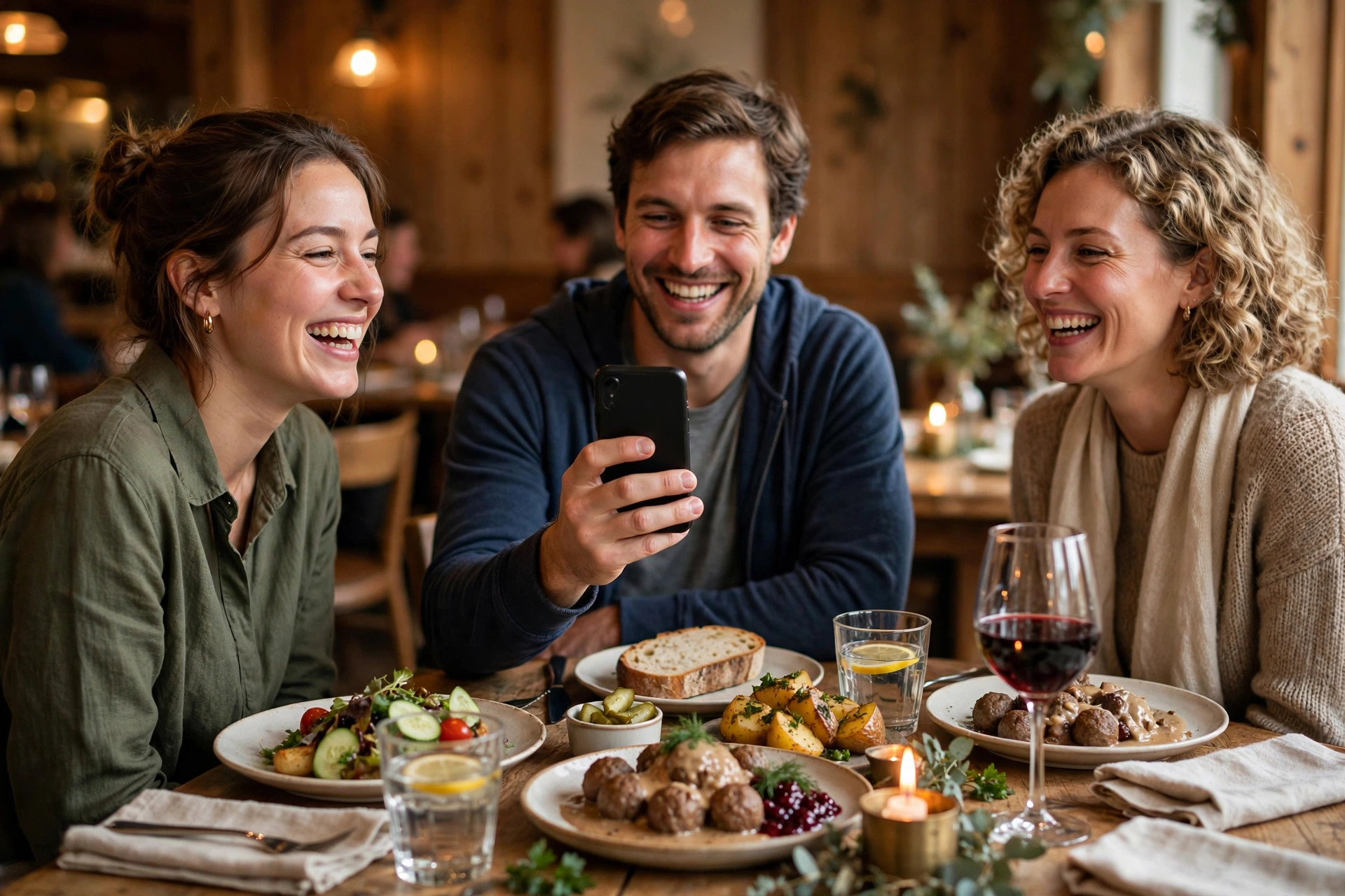 Nöjda gäster vid ett restaurangbord, en gäst håller en smarttelefon i handen