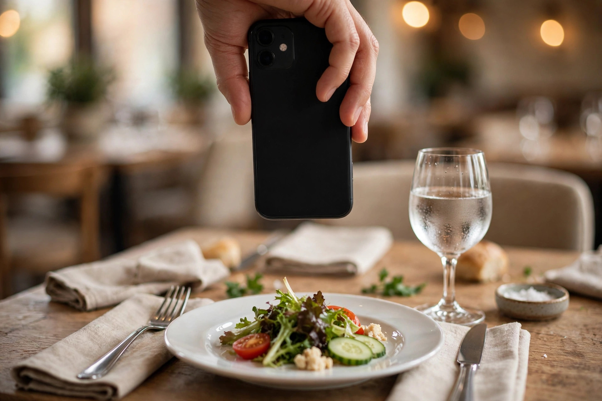 A diner confirming a table reservation on a smartphone at a restaurant table
