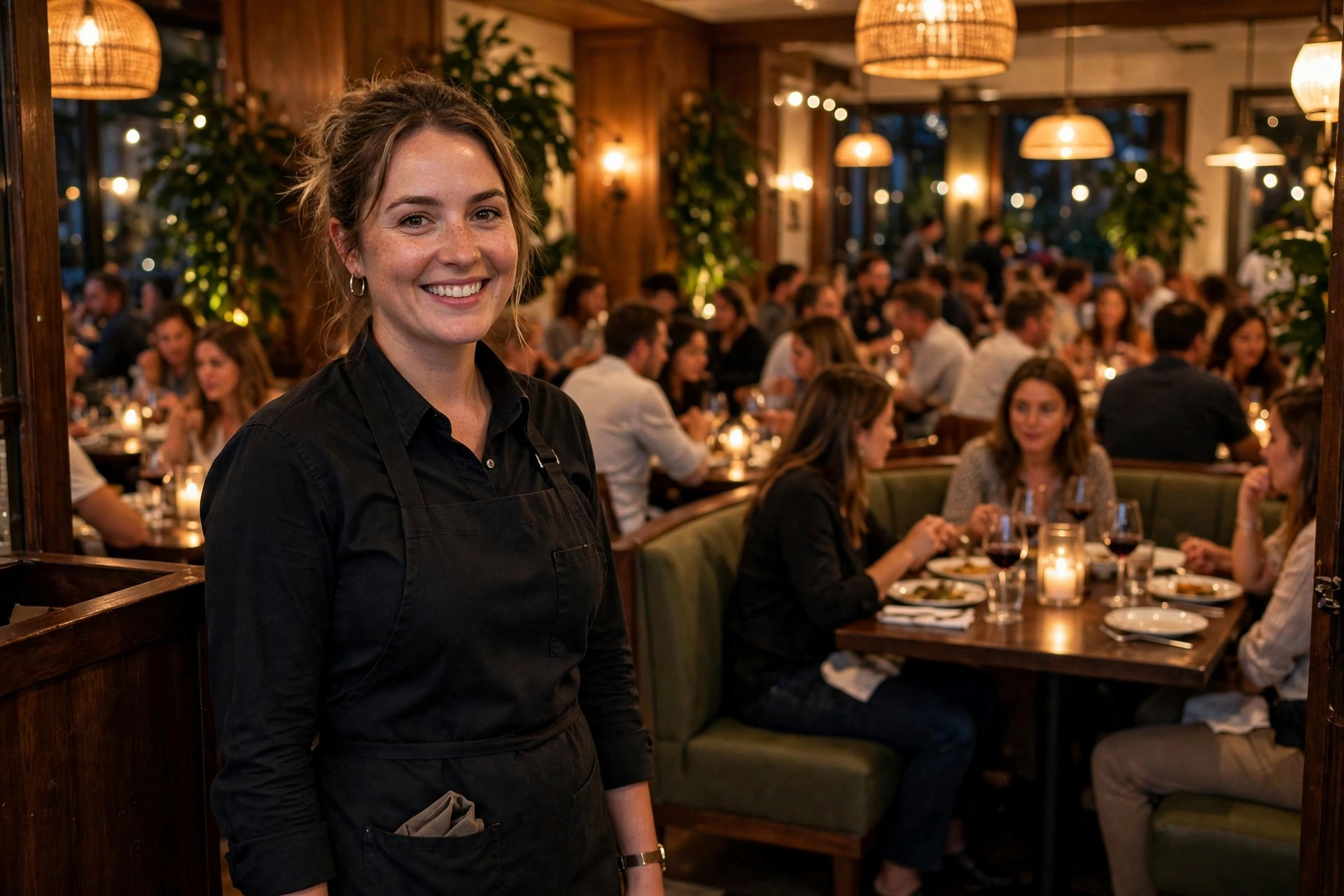 A smiling host welcomes guests at the entrance of a busy restaurant dining room during evening service