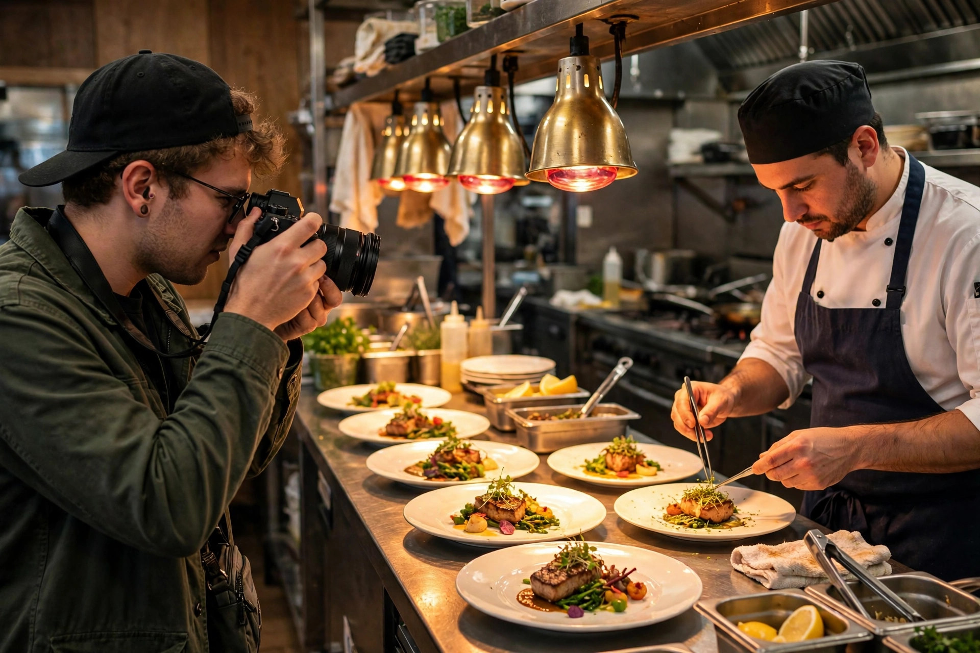 A content creator filming a chef finishing dishes at the pass in a restaurant kitchen