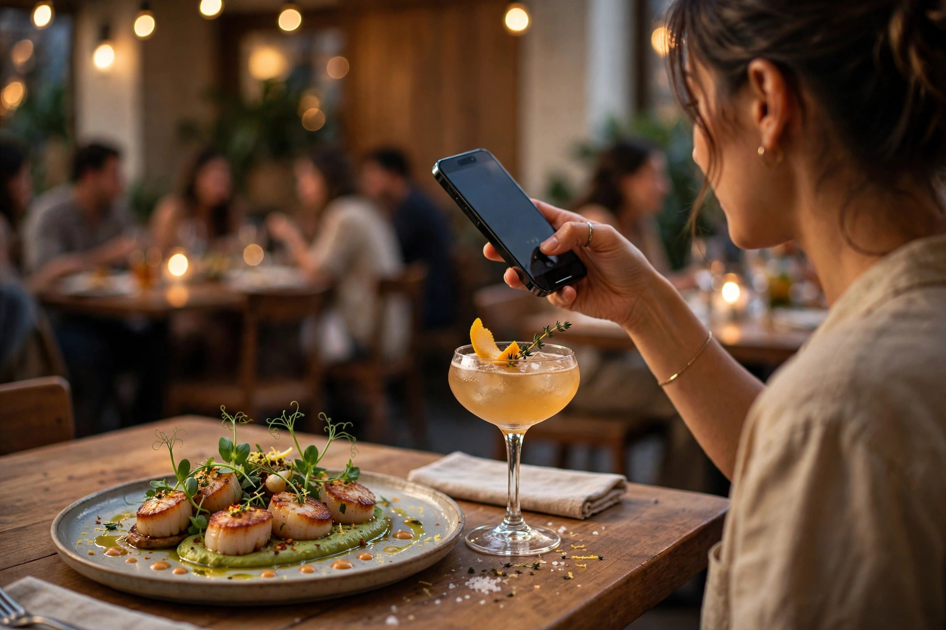 A food creator filming a plated restaurant dish with a smartphone in a warm dining room