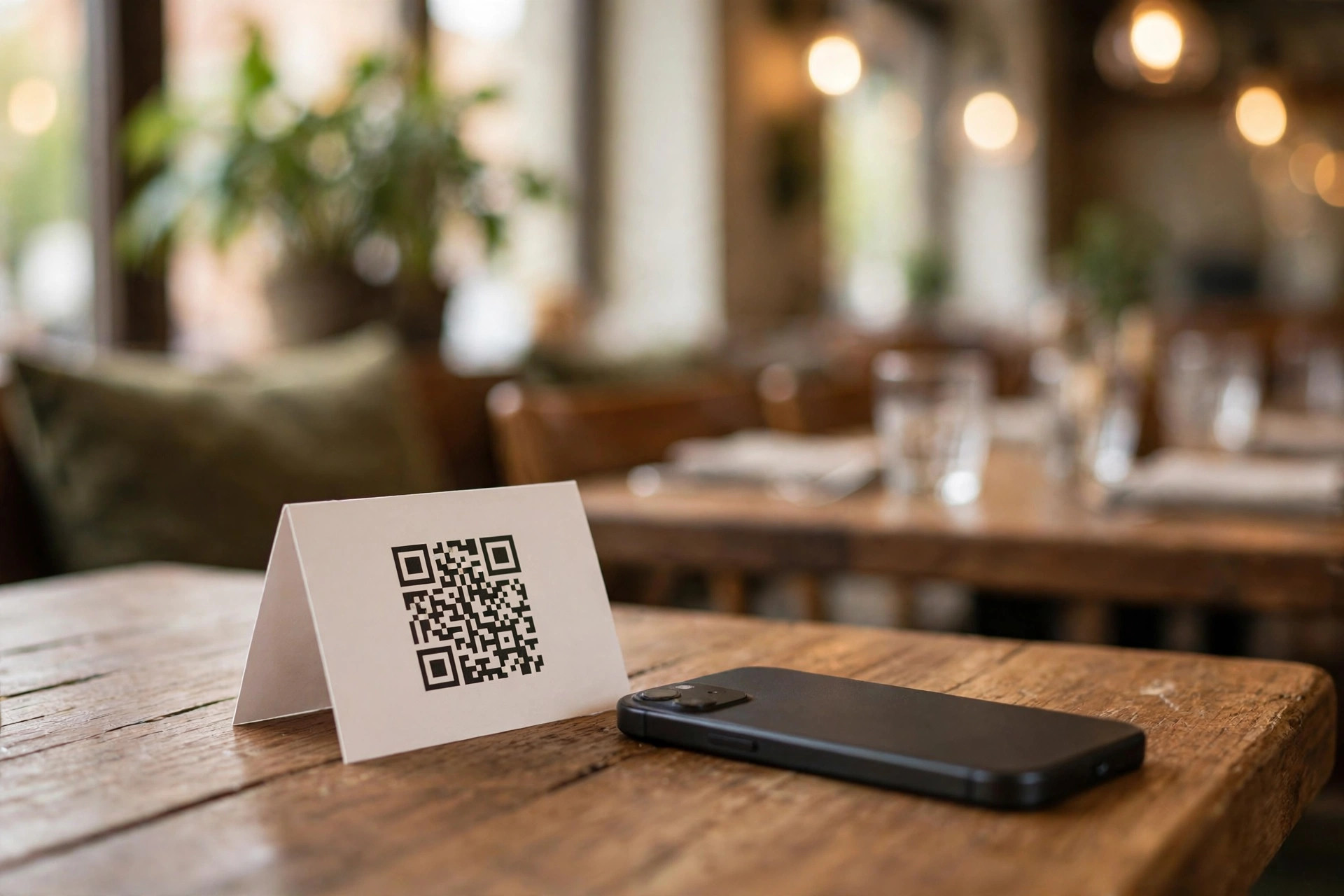 A small table card with a QR code on a wooden restaurant table with a smartphone beside it