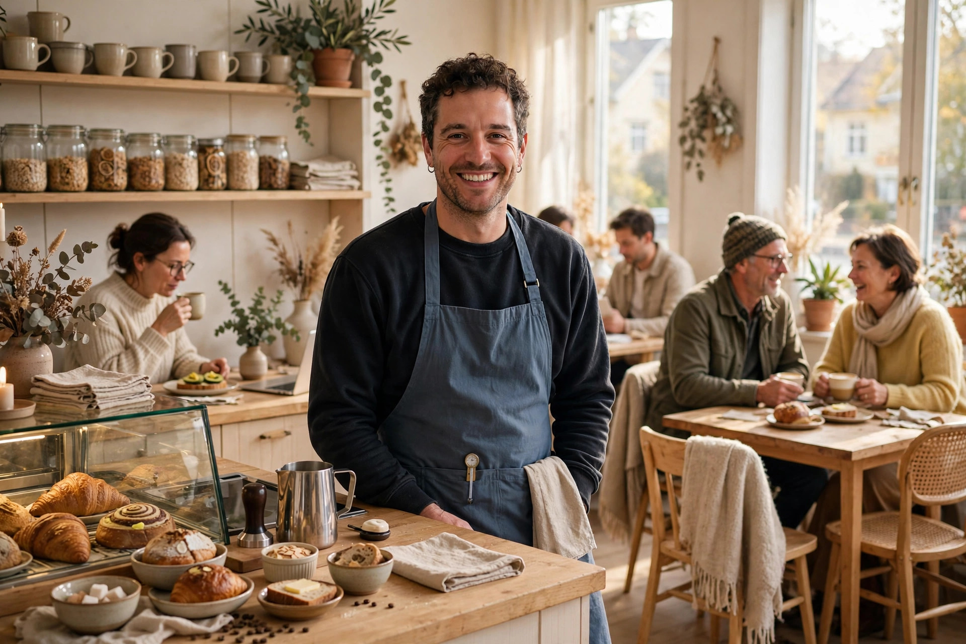 A restaurant owner smiling behind the counter of a cosy Scandinavian café with regular customers at the tables