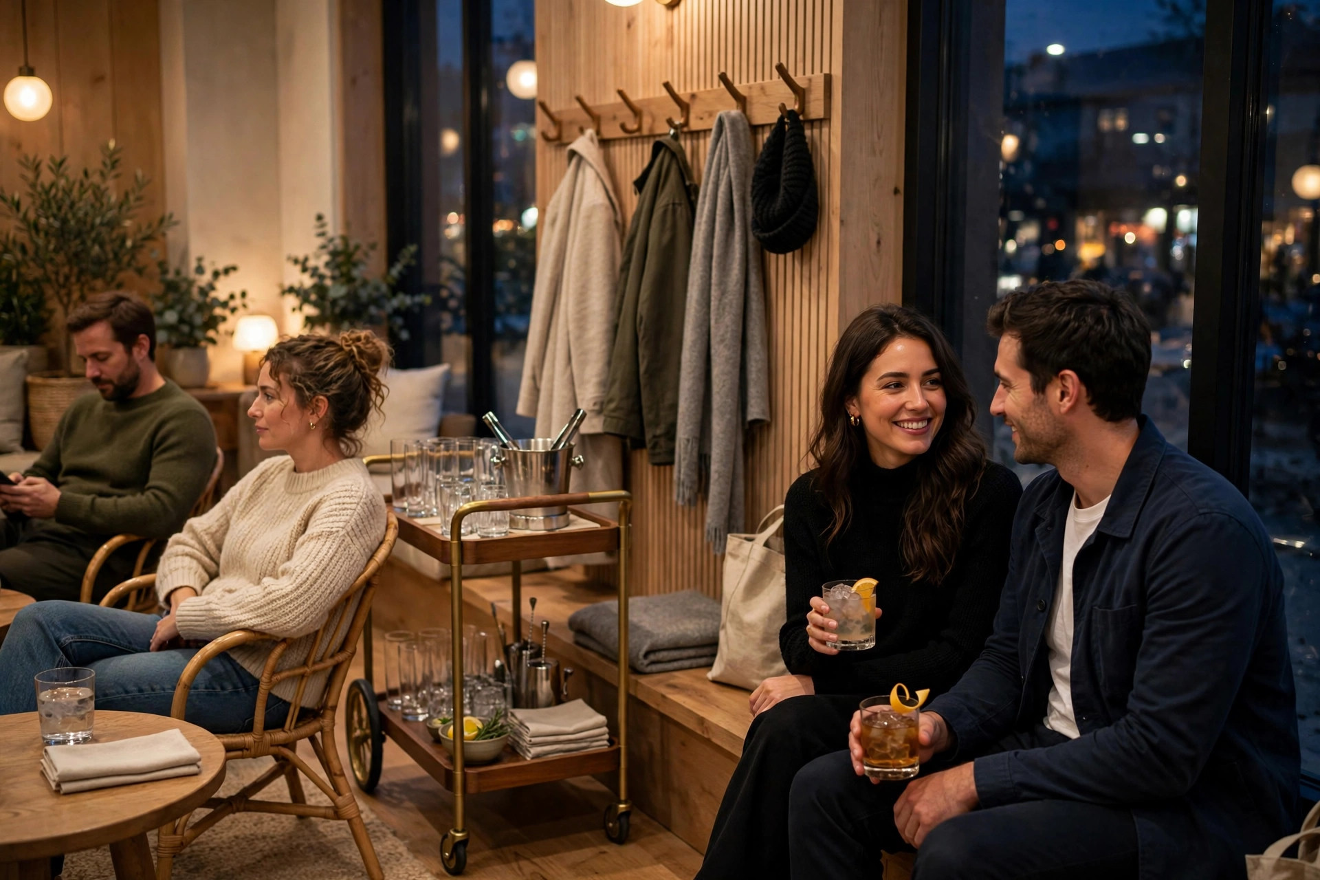 Guests waiting comfortably in a stylish Nordic restaurant lobby with drinks while their table is prepared