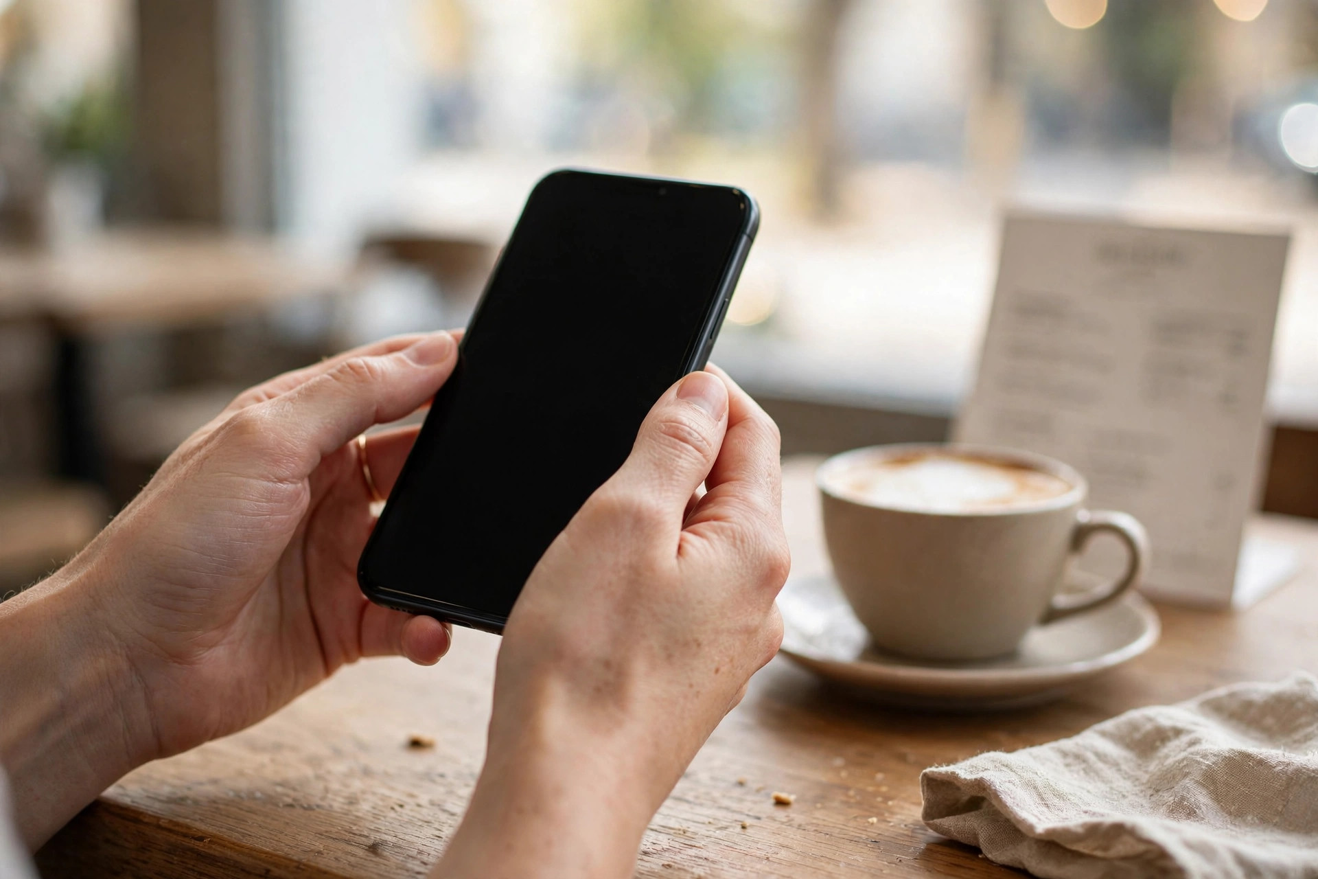 Hands holding a smartphone above a café table, checking a restaurant menu on the phone