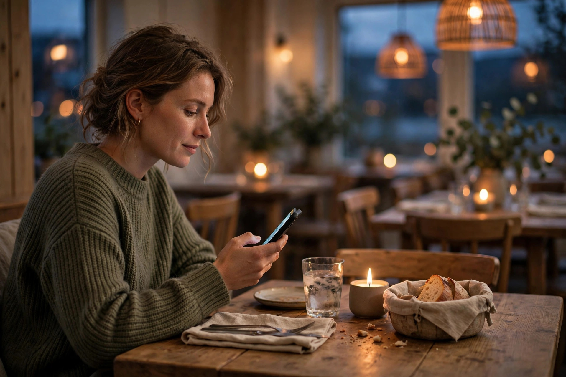 Guest checking a smartphone at a candlelit Nordic restaurant table while waiting for dinner