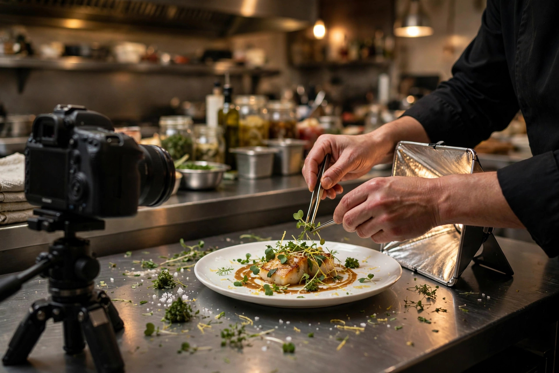 Kokken anretter rett mens fotograf forbereder kamera ved vindu på restaurantkjøkken