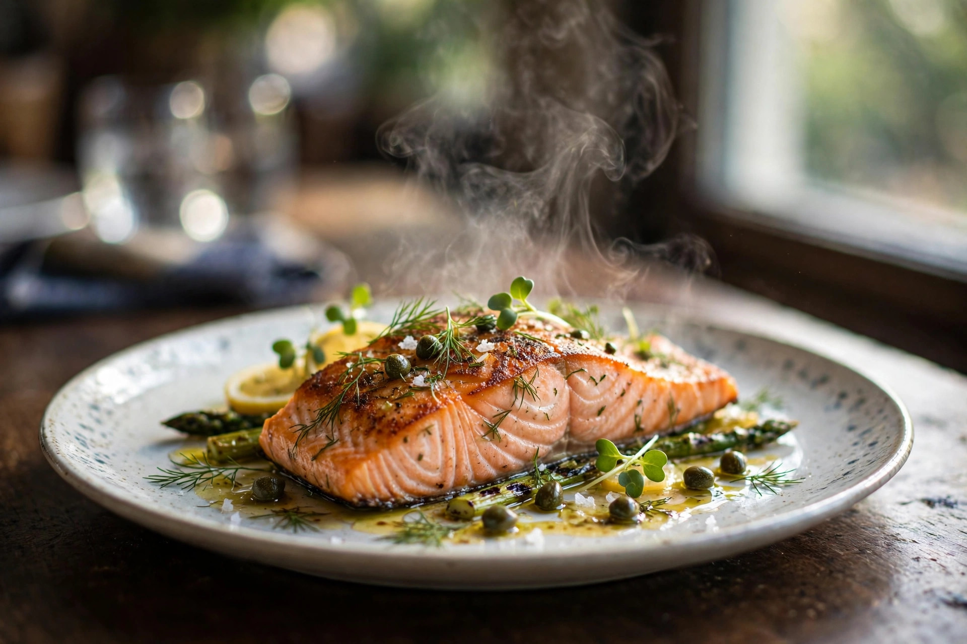 Lekkert anrettet lakserett fotografert i dagslys på restaurantbord