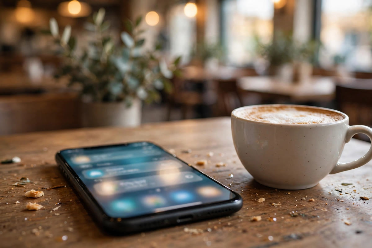 Smartphone showing review notifications on a café table beside a coffee cup