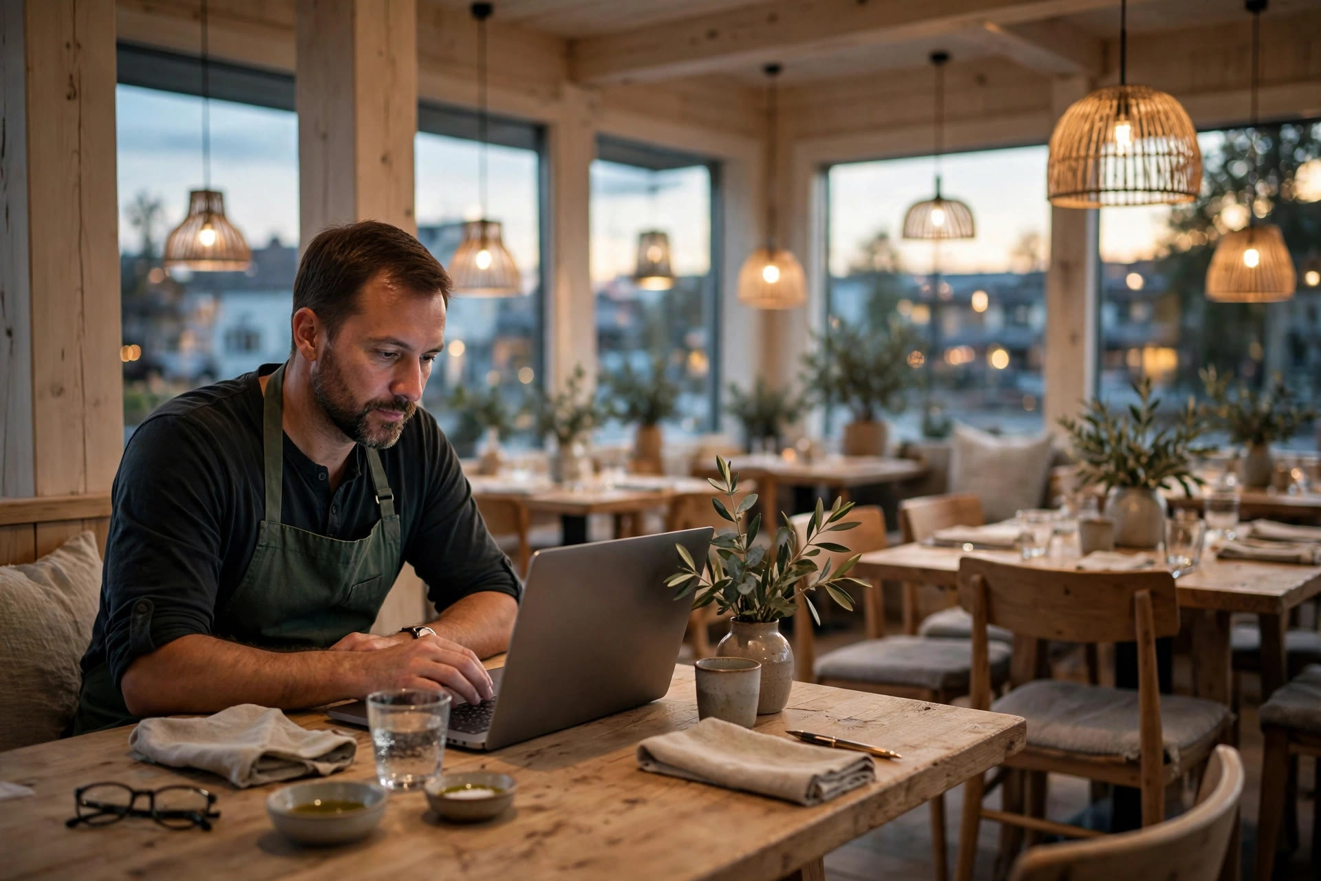 Restaurant owner checking online reviews on a laptop in a warm Nordic dining room