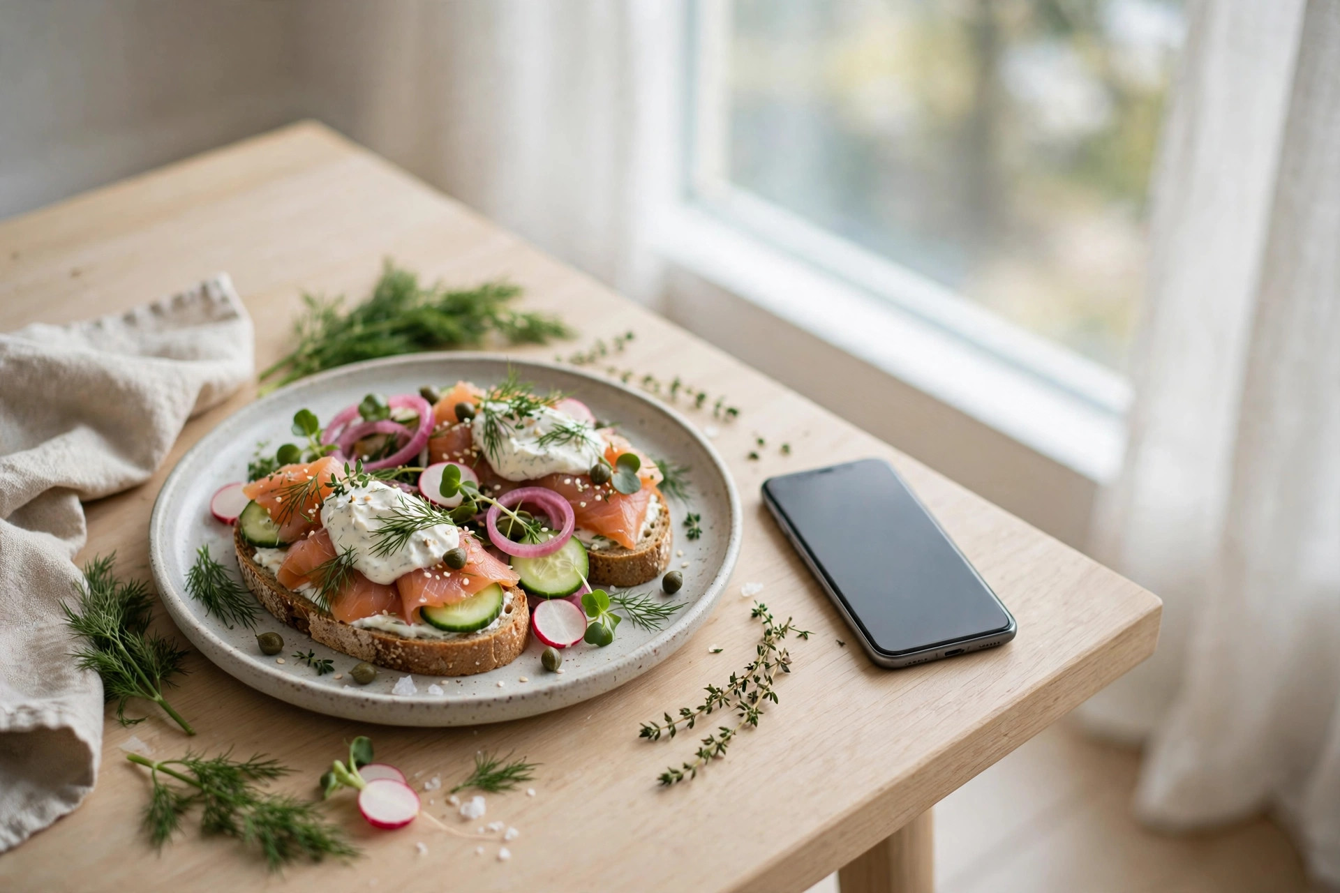 Tyylikäs pohjoismainen kala-annos vaalealla puupöydällä ikkunan ääressä, älypuhelin pöydällä annoksen vieressä