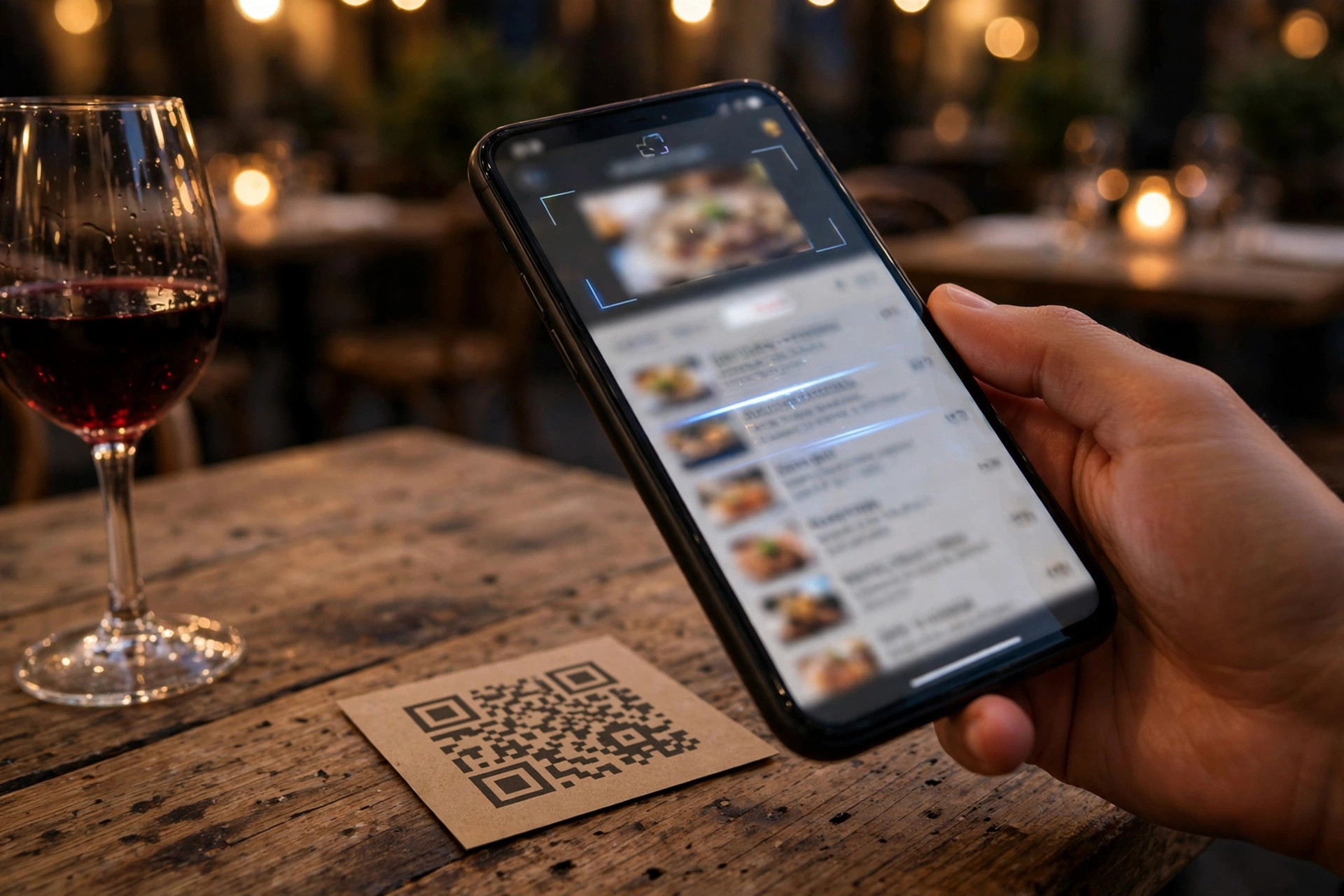 Asiakas skannaa QR-koodin älypuhelimella ravintolapöydässä avatakseen digitaalisen ruokalistan