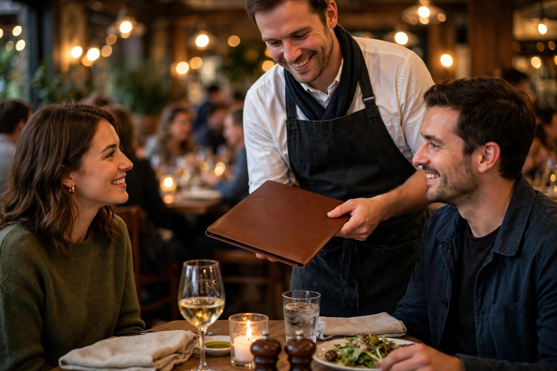 Servitör lämnar notan till gäster vid ett restaurangbord i varmt kvällsljus