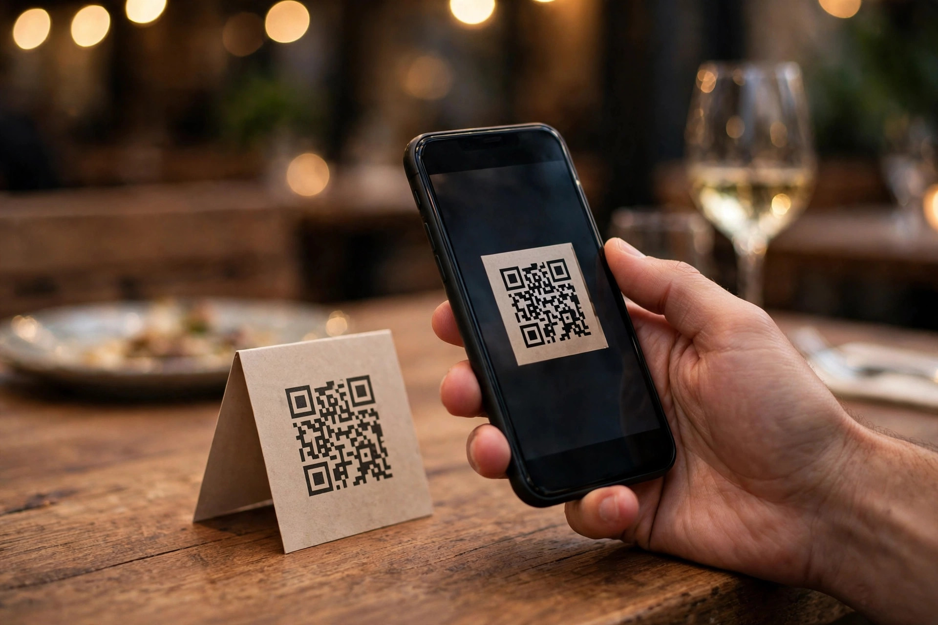 Gäst skannar QR-kod för Google-recension på ett bordstält i en restaurang