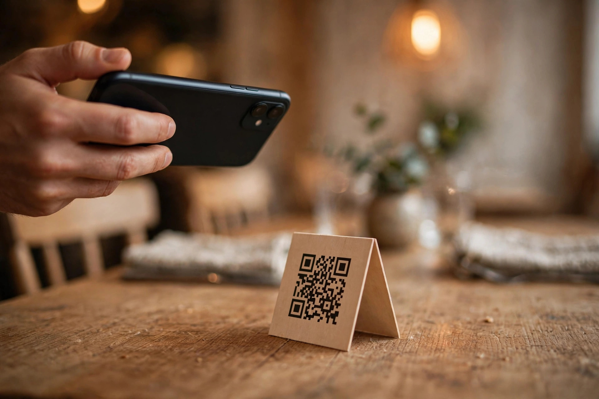 Gästens hand håller en smartphone för att skanna QR-koden på ett bordsställ i restaurangen
