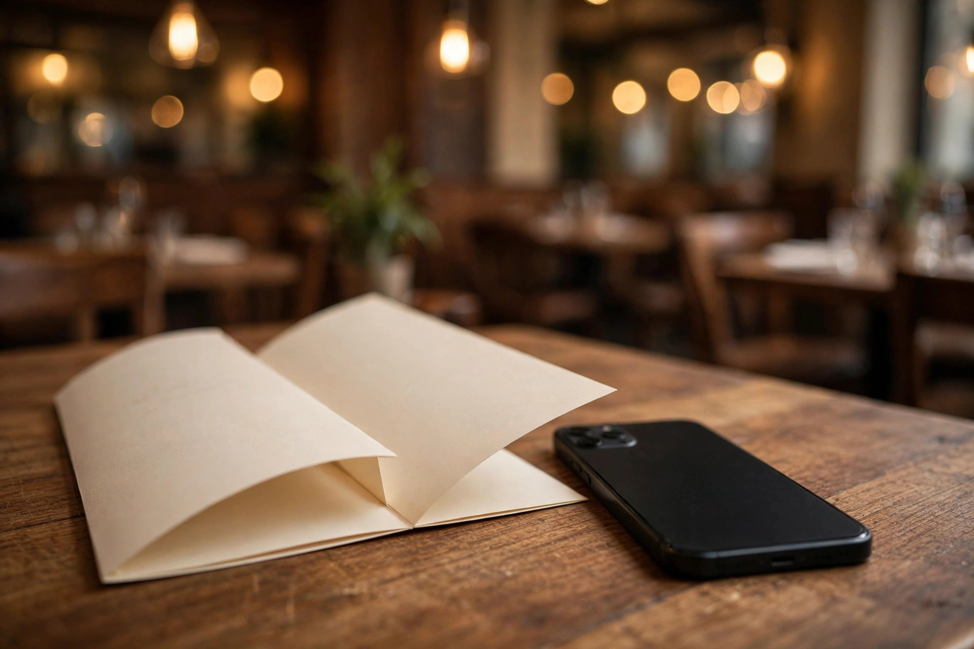Tryckt pappersmeny bredvid en smartphone på ett restaurangbord i varm bistrobelysning