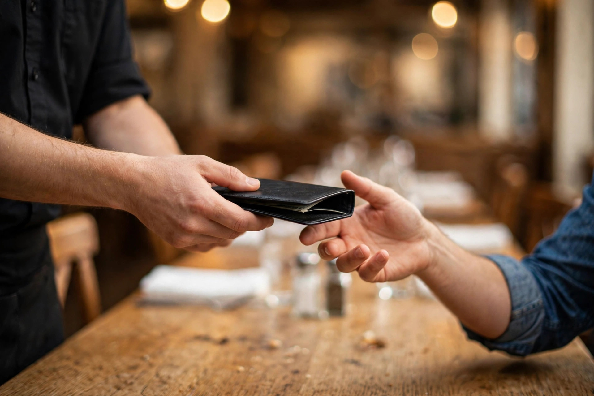 Servitör lämnar notan till en gäst vid ett restaurangbord — ett naturligt ögonblick att be om en recension