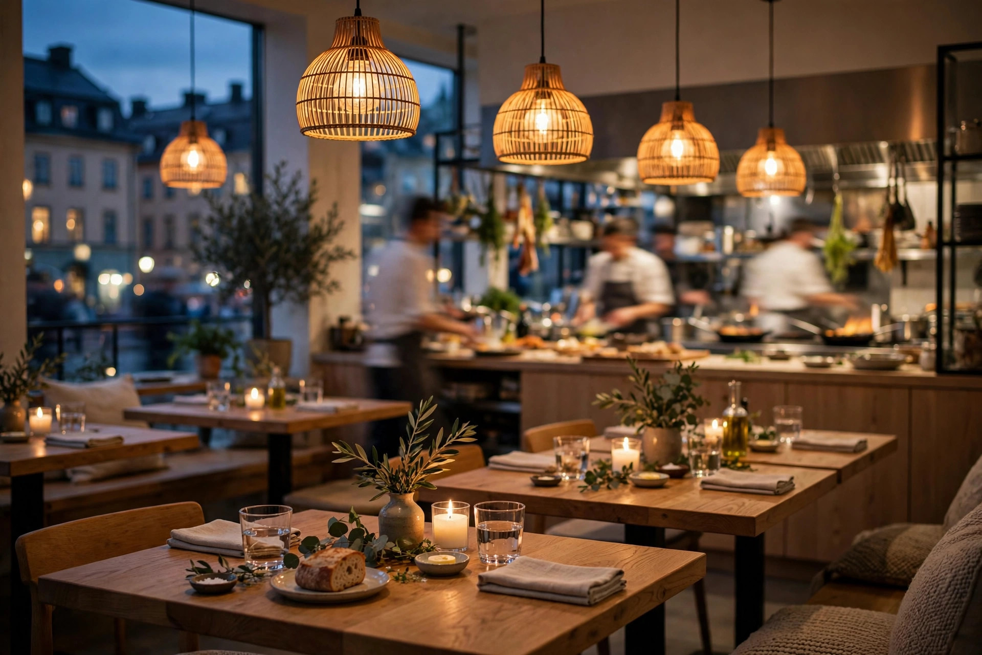 Stämningsfull restaurangsal i skymningsljus med tända ljus och öppet kök i bakgrunden