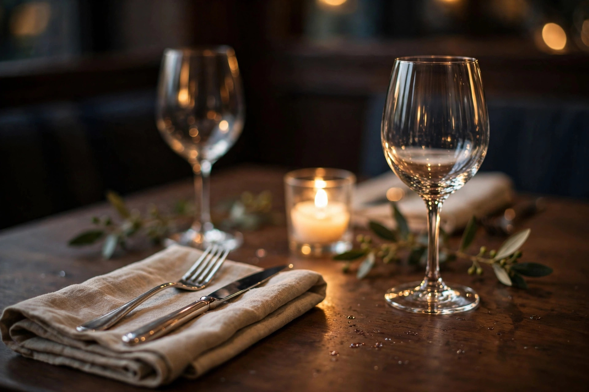 Close-up of a candlelit private dining table with wine glasses and linen in an elegant restaurant
