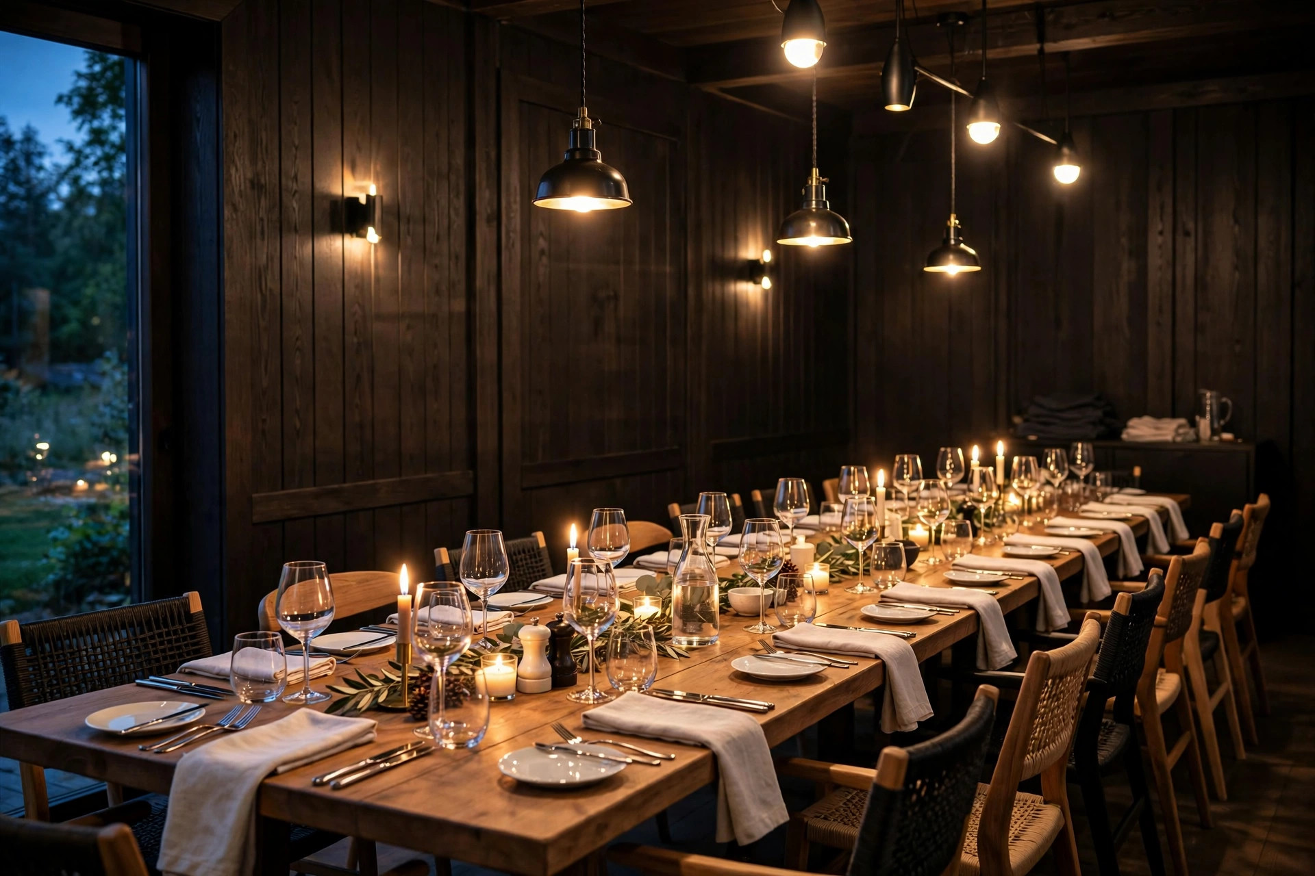 An elegant private dining room in a Nordic restaurant with a long candlelit table set for twenty guests