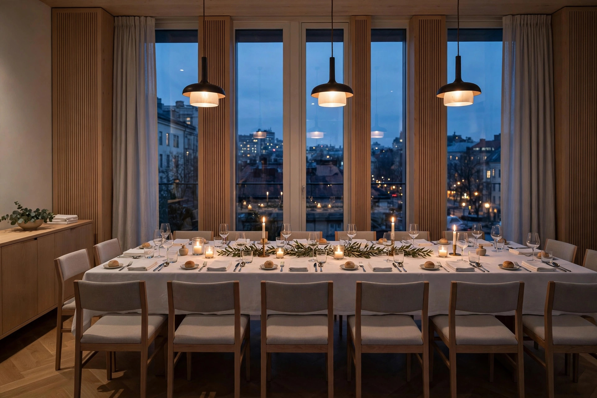 Elegant selskapsrom på restaurant med langbord dekket til fest, levende lys og kveldsutsikt gjennom store vinduer