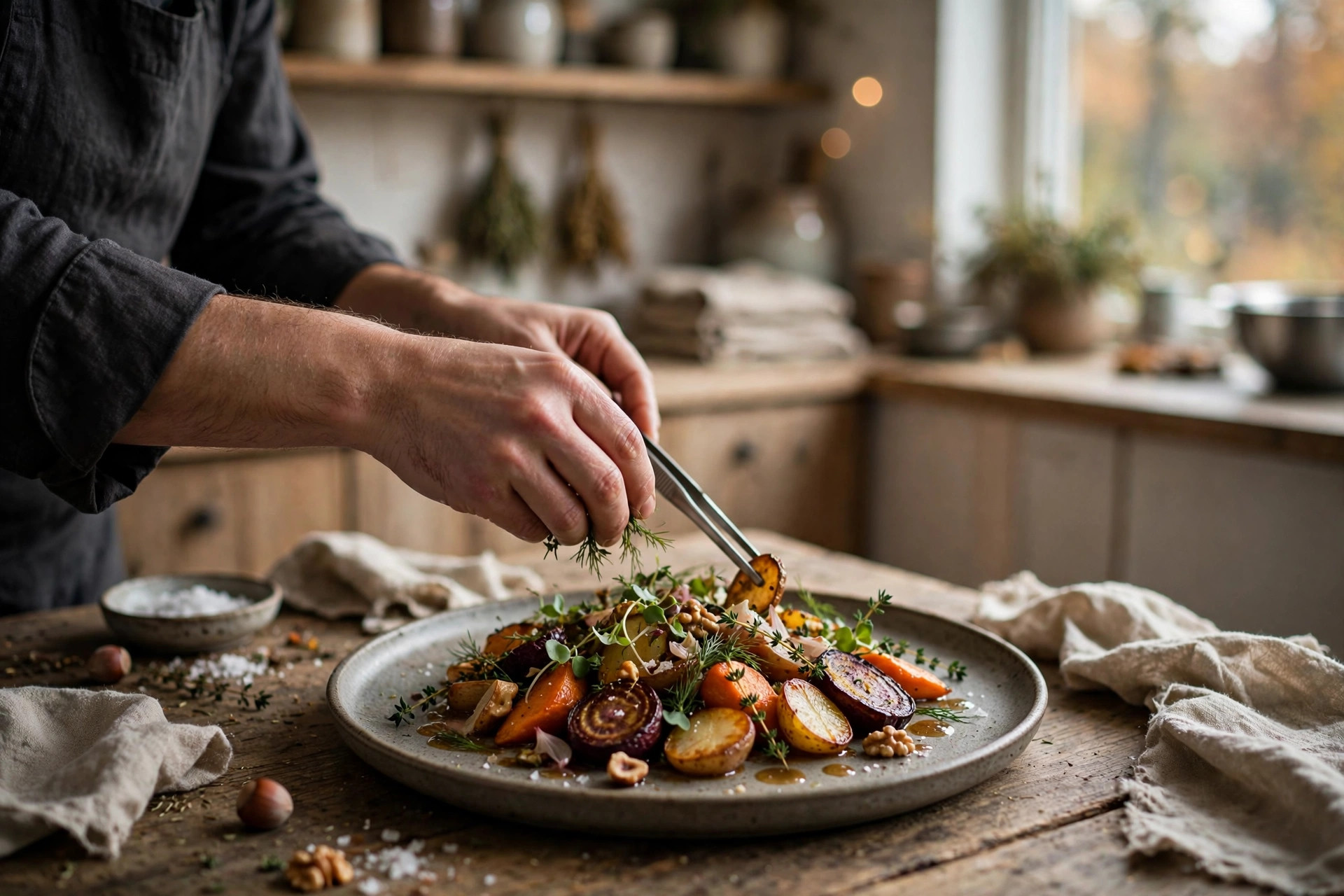 Kokk anretter en sesongrett med høstens rotgrønnsaker på et nordisk restaurantkjøkken