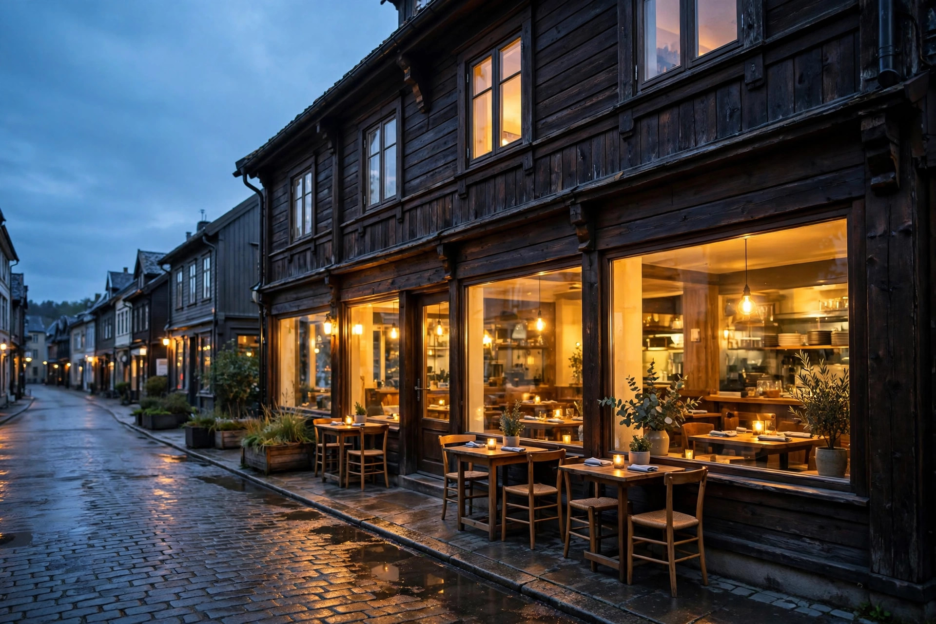 Norsk restaurantfasade i skumringen med varme, innbydende vinduer