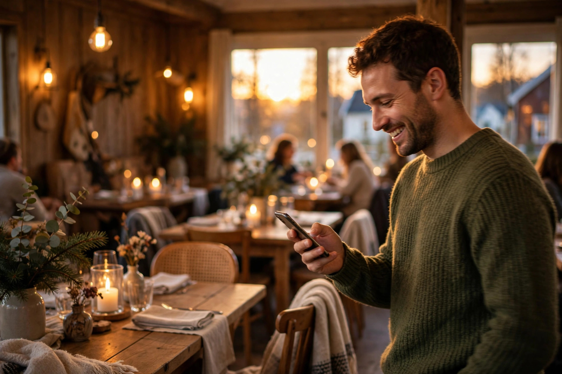 Fornøyd gjest som legger igjen en Google-anmeldelse på smarttelefonen i en koselig restaurant