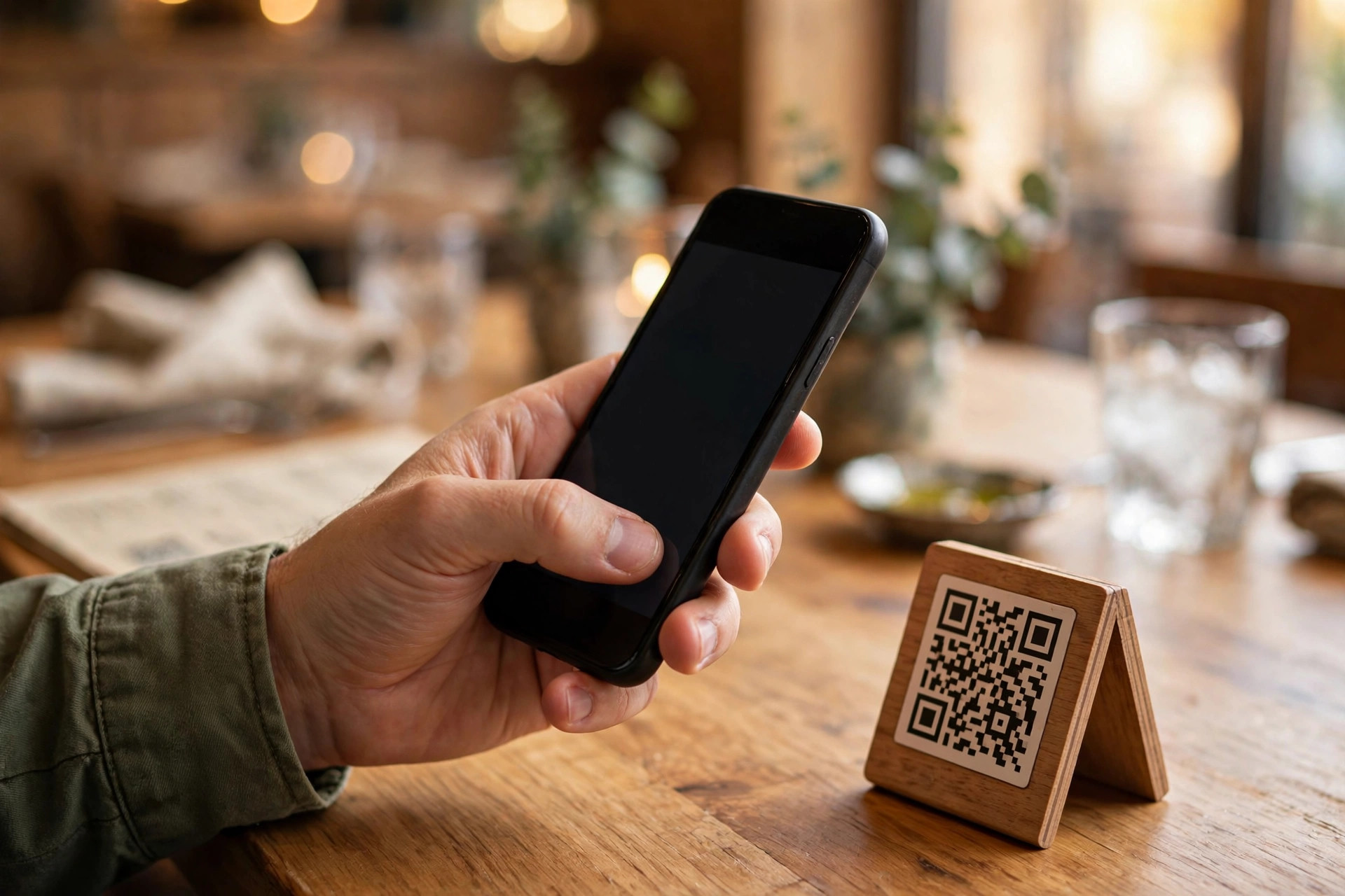 Gjest skanner QR-kode ved restaurantbord for å åpne digital meny